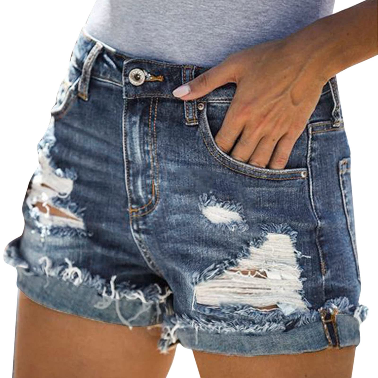 NREALY Women's High Waist Denim Shorts - Summer Stretch Slim Fit Ripped Jeans Shorts with Button & Cargo Pockets - Plus Size Casual Shorts for Women | Perfect for Beach, Vacation, and Everyday Wear