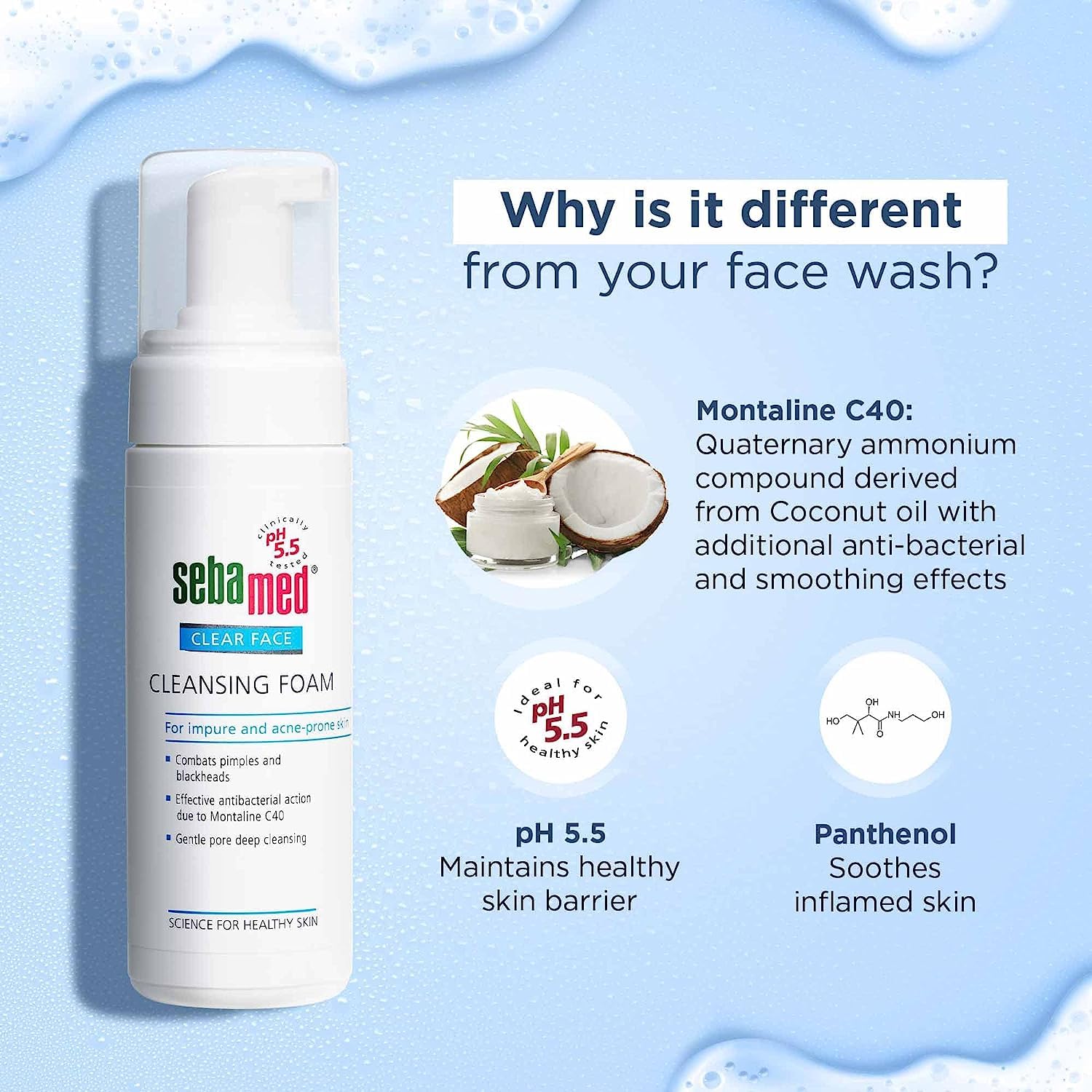Minton Clear Face Foam 50ml | pH 5.5 Gentle Cleanser for Acne, Pimples & Blackheads | Montaline C40 Formula | Oil-Free Deep Pore Cleansing | Perfect for Daily Skincare Routine & Sensitive Skin