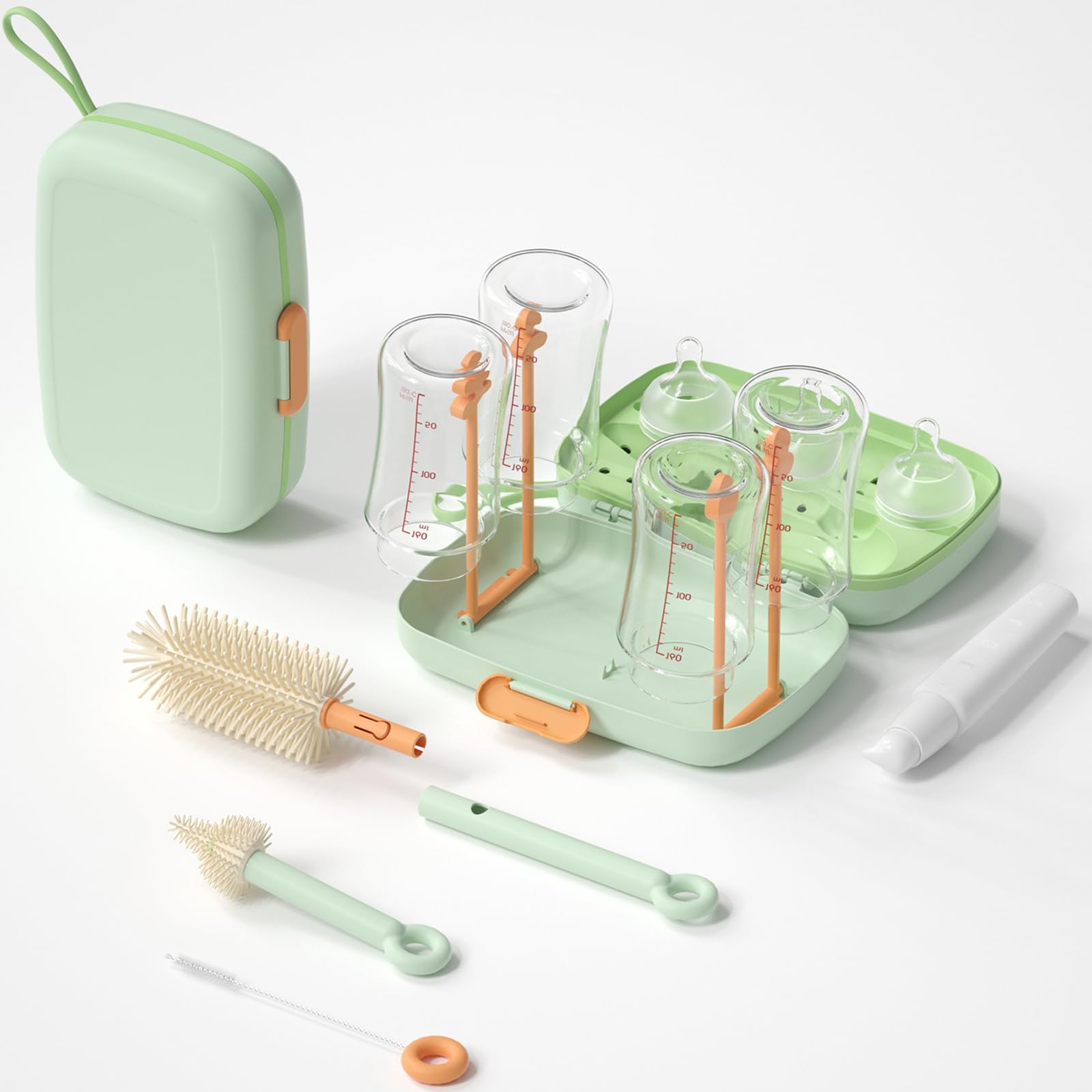 7-in-1 Travel Bottle Cleaning Kit with Bottle Brush, Nipple Brush, Straw Cleaner, Soap Dispenser, Drying Rack, Drain Tray & Storage Box - Baby Essentials for Travel, Home & On-the-Go (Green)