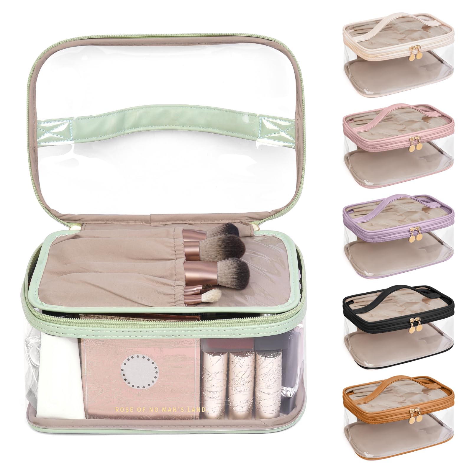 Waterproof Clear Makeup Bag for Women - TSA Approved Travel Cosmetic Organizer with Handle | Portable Toiletry Bag for Cosmetics, Skincare & Travel Essentials | Perfect for Airports, Gym & Weekend Getaways (Green)