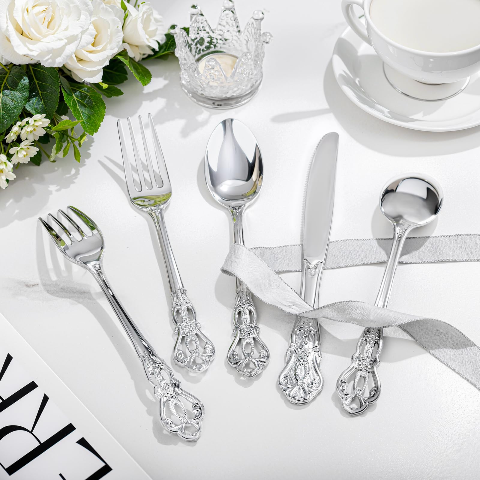 150-Piece Heavy Duty Silver Plastic Cutlery Set - Disposable Silverware Kit with 50 Forks, 50 Spoons & 50 Knives - Elegant Plastic Utensils for Catering, Parties, Weddings, Picnics & Outdoor Events