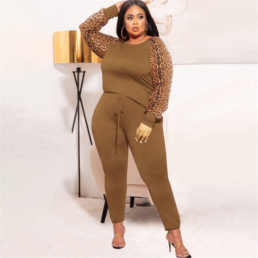 Women's Plus Size Leopard Print 2-Piece Sweatsuit Set - Comfortable Tracksuit with Top & Sweatpants for Lounge, Workout & Casual Wear
