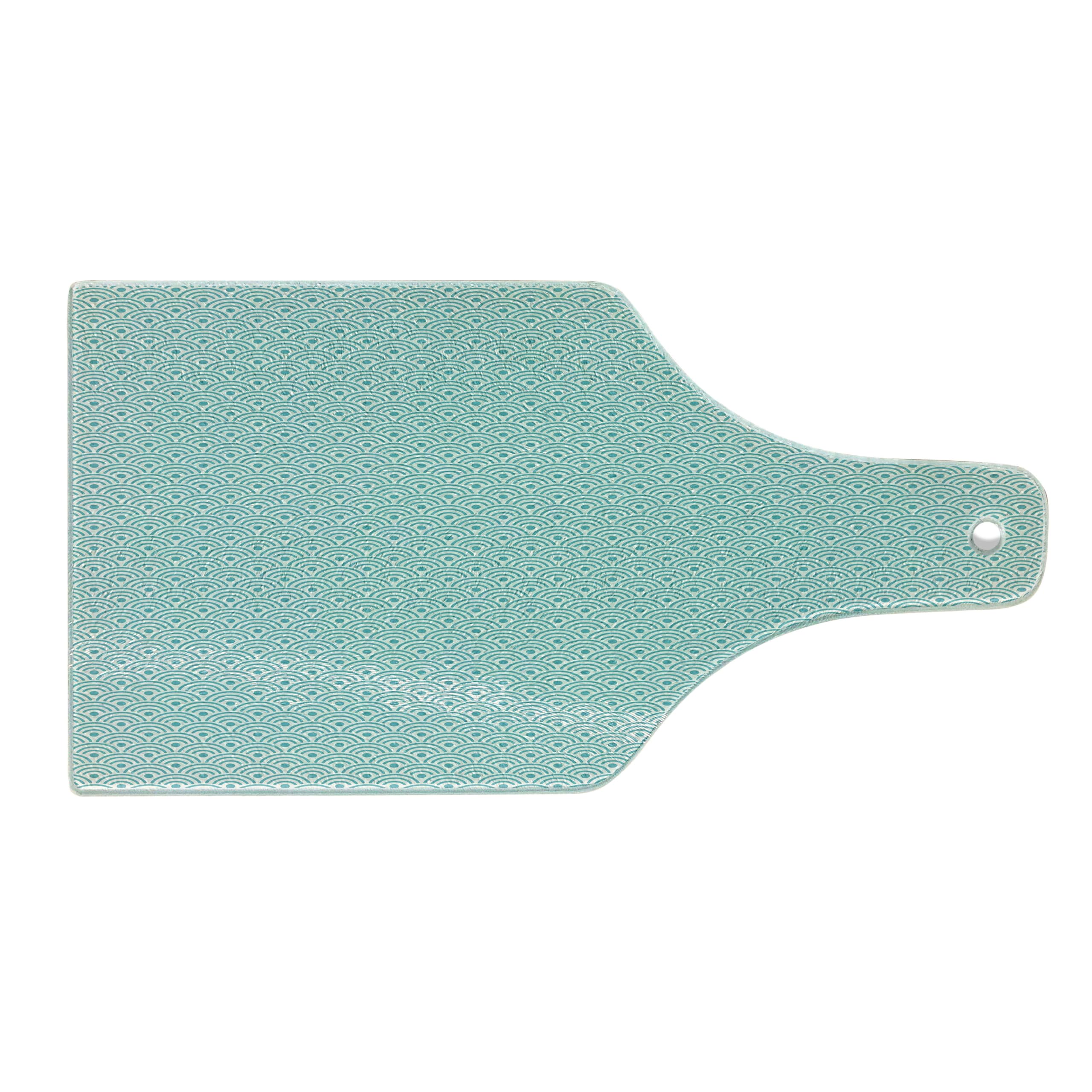 Ambesonne Ocean Inspired Tempered Glass Cutting Board - Eastern Style Wavy Lines & Polka Dots Design, Sky Blue & White Decorative Serving Board for Kitchen, Charcuterie & Wine Bottle Display