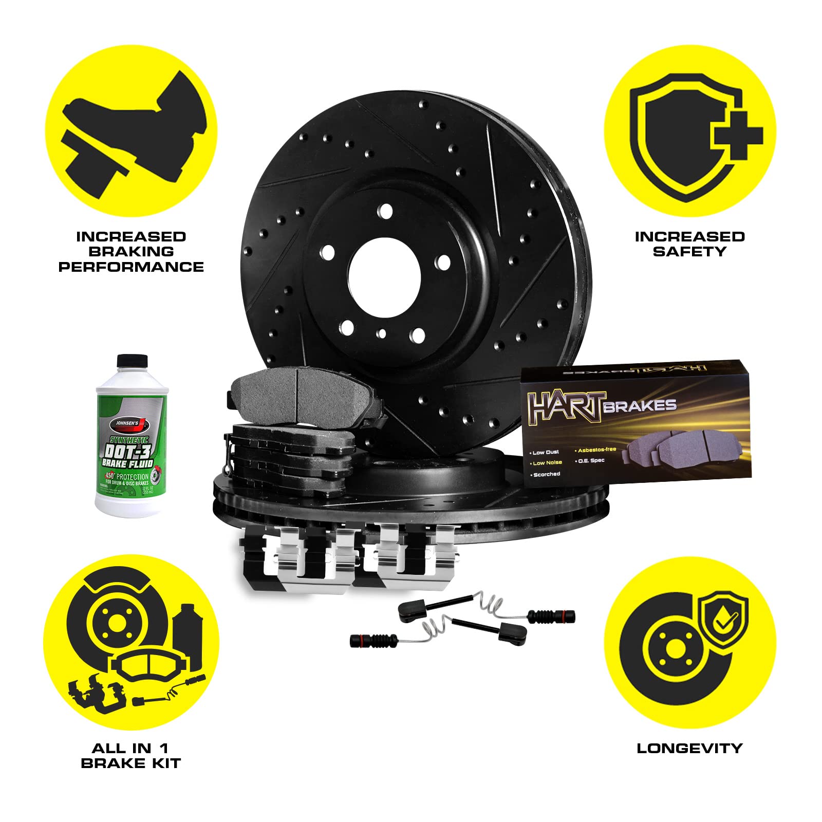 Hart BHC1.45002.53 Rear Brake Kit - Semi-Metallic Brake Pads & Rotors with Hardware & Sensor | Durable Braking Performance for Trucks, SUVs & Vans | Ideal for Highway Driving, Towing, Heavy Loads & Off-Road Adventures | Safe Stopping in All Weather Conditions