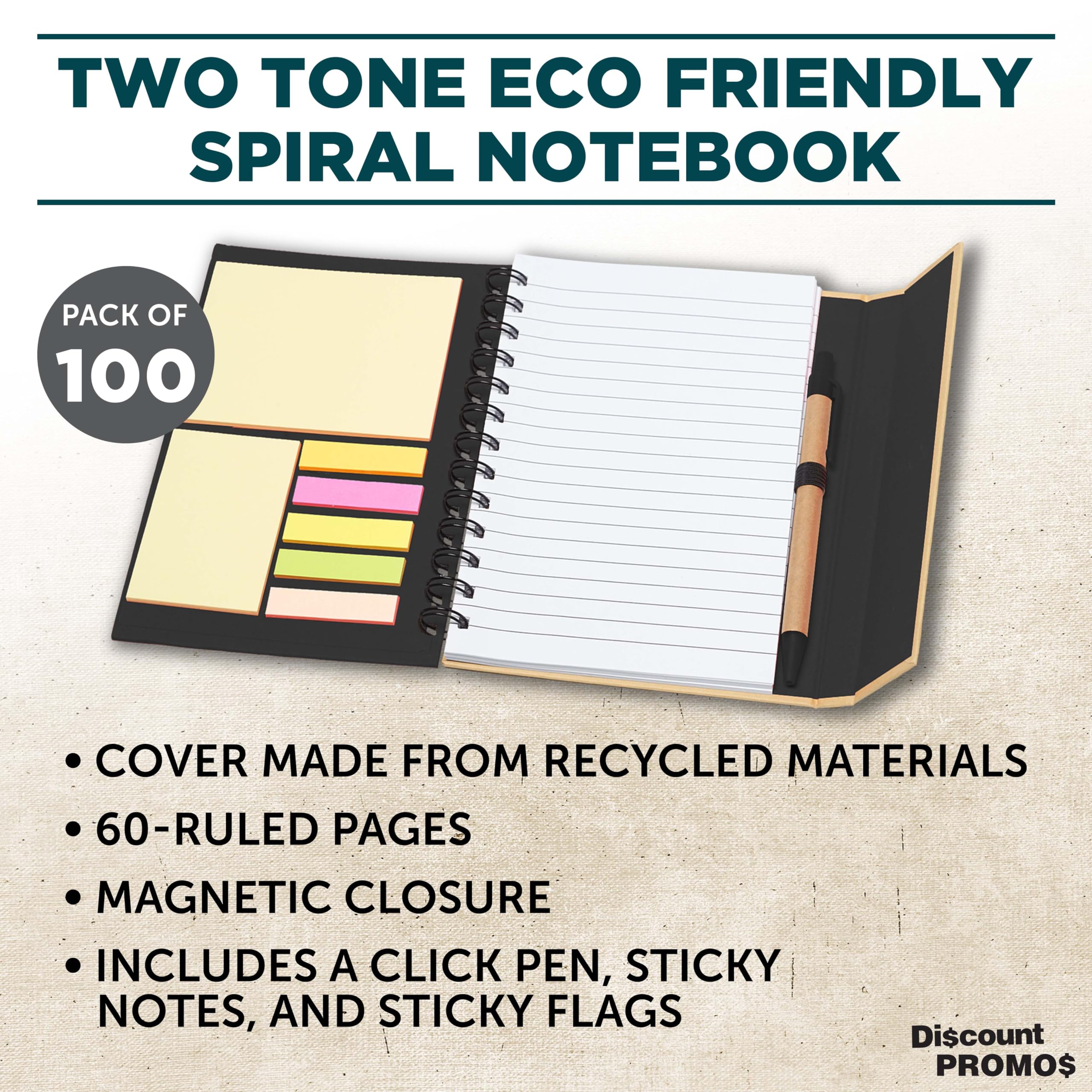 Custom Eco-Friendly Spiral Notebooks with Pens - 100-Pack Bulk Set, Personalized for School, Office & Home Use - Black | Perfect for Students, Professionals & Gift Giving