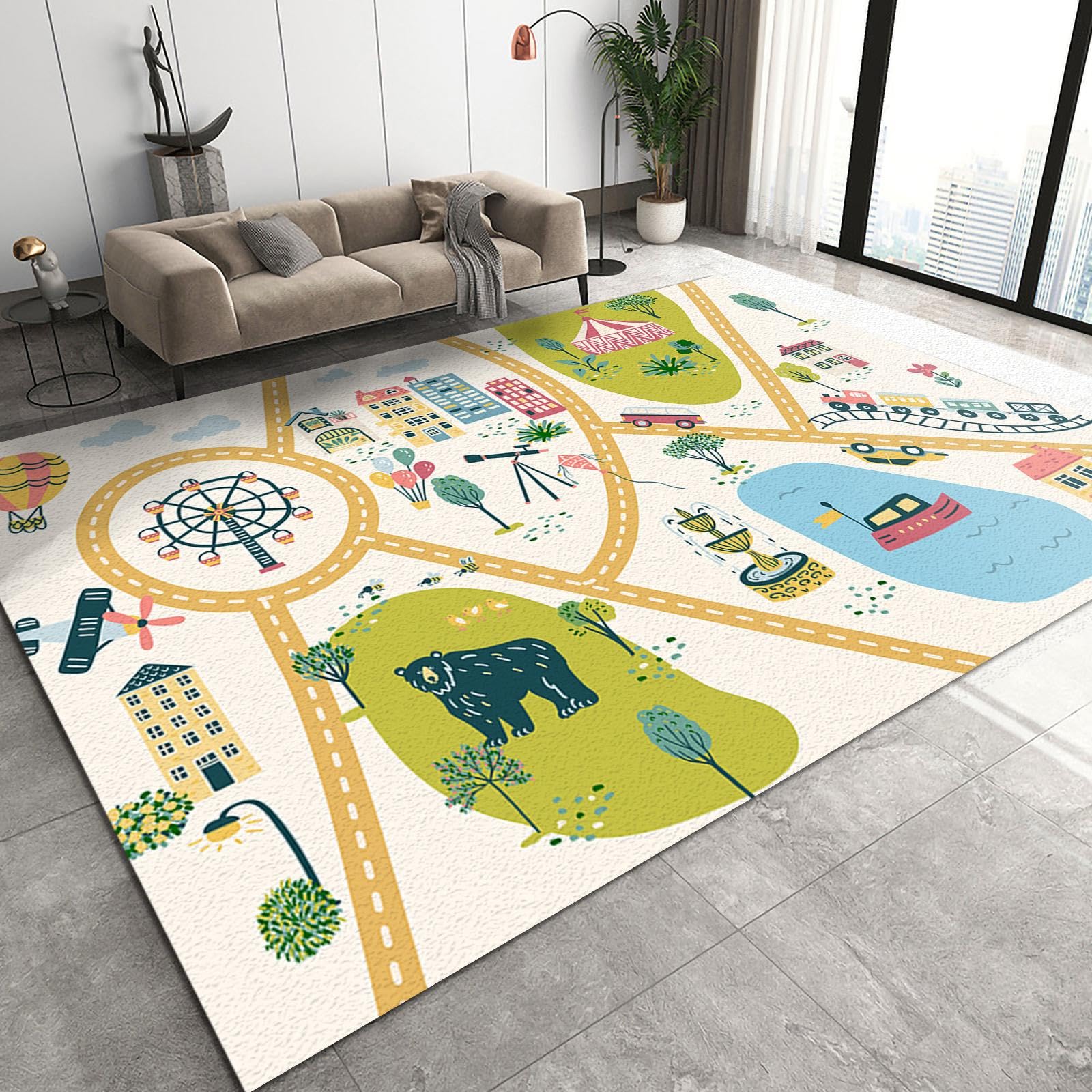 Colorful Zoo Animal Print Kids Rug - 5x8ft Soft Washable Non-Slip Educational Carpet for Nursery, Classroom & Playroom | Durable Flannel Low-Pile Rug for Toddlers, Boys & Girls | Perfect for Learning, Playtime and Room Decor