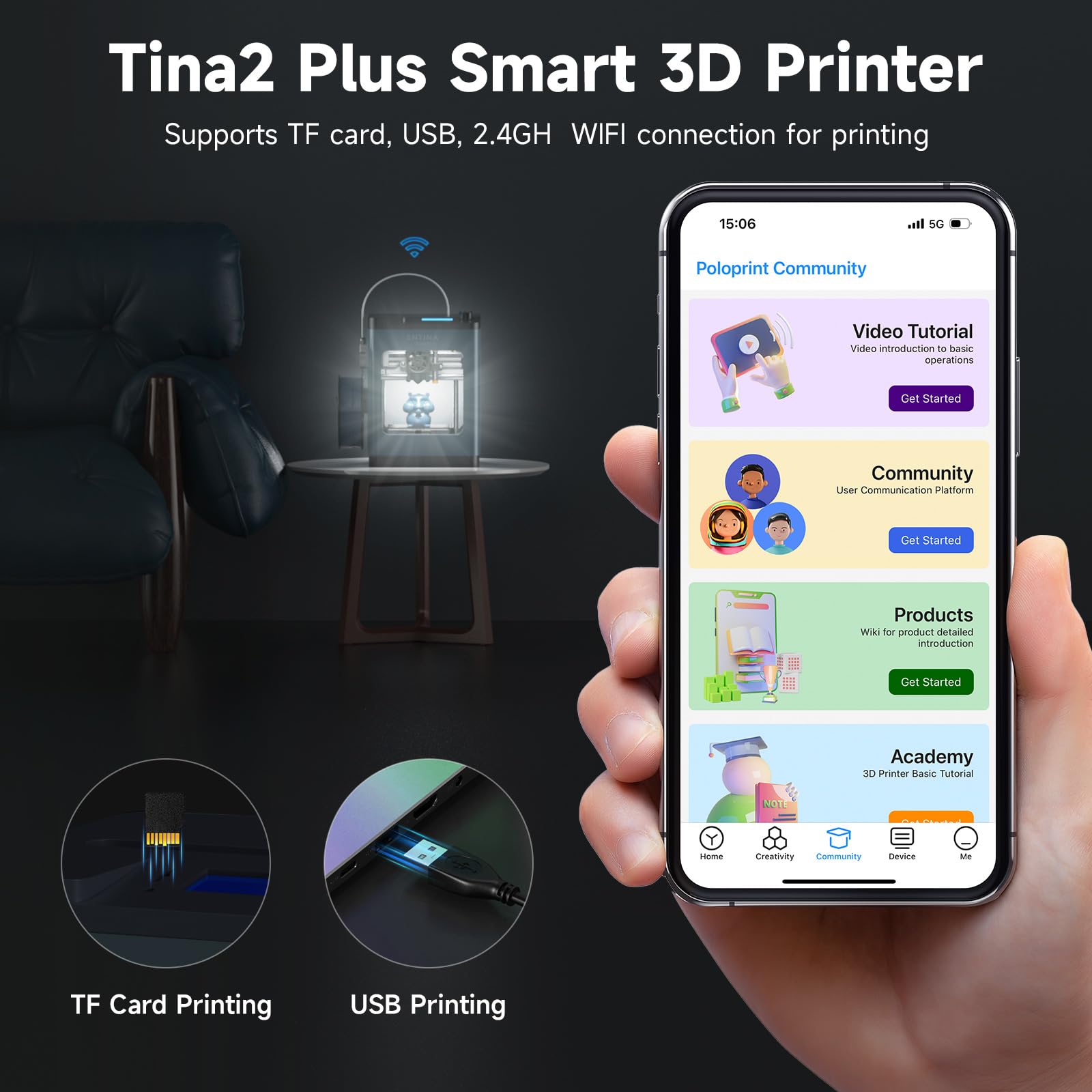 Tina2 Plus 3D Printer - 250mm/s High Speed, Auto Leveling FDM Mini 3D Printer with Spring Steel Platform | Fully Assembled WiFi 3D Printer for Kids, Beginners & Home Use | Perfect for DIY Projects, School STEM Learning & Small Home Creations