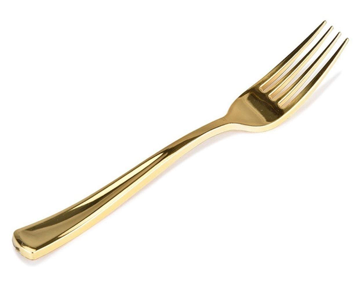 Stock Your Home 125 Heavy Duty Disposable Plastic Forks - Elegant Gold Cutlery for Catering, Restaurants, Parties & Weddings - Perfect for Events, BBQs, Picnics & Home Dining