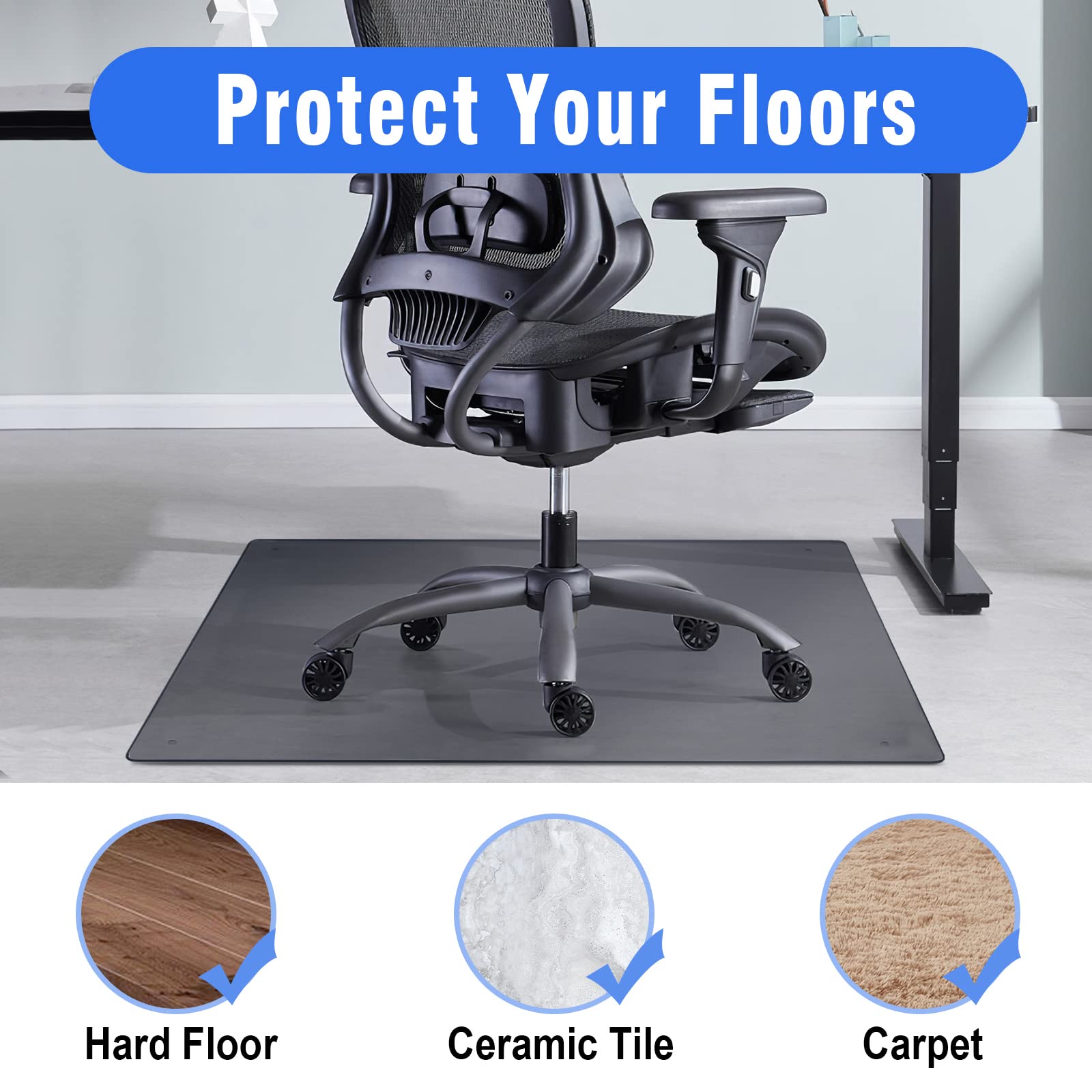 Premium Tempered Glass Chair Mat for Carpet & Hardwood Floors - 36