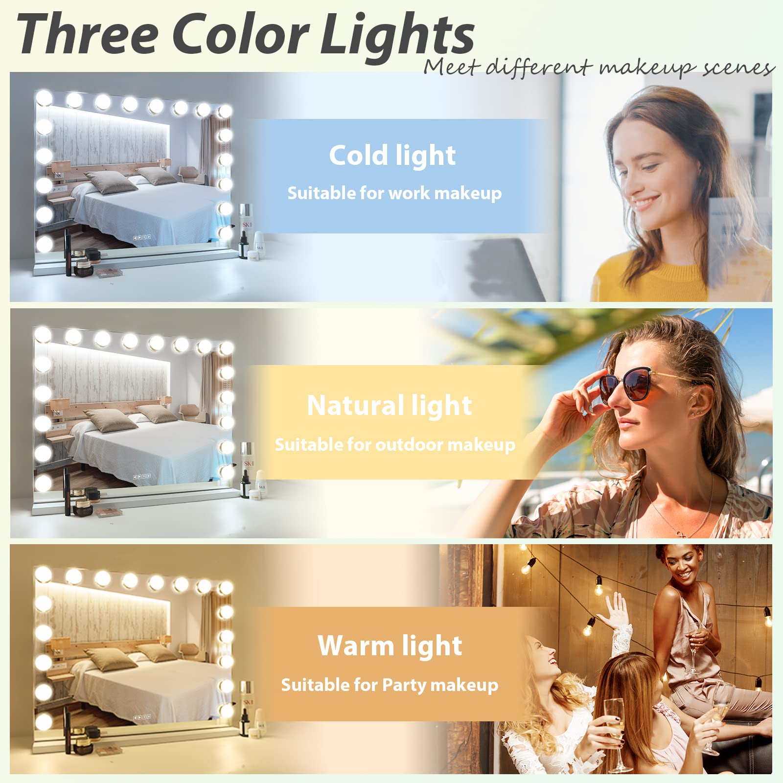 COOLJEEN Hollywood Vanity Mirror with Lights - 18 Dimmable LED Bulbs, Bluetooth Speaker & USB Charging Port - 3 Color Modes for Makeup, Skincare & Dressing Room Lighting