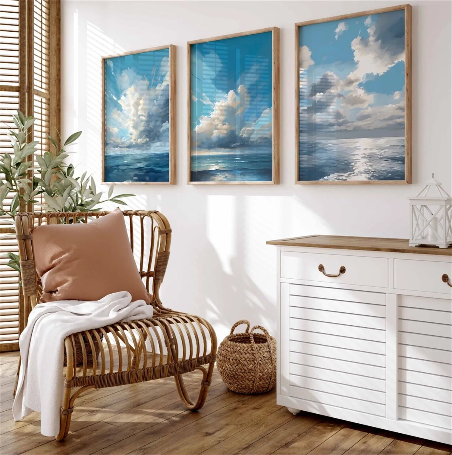 Ocean and Sky Wall Art Set of 3 - Coastal Beach Decor Paintings for Living Room, Bedroom & Office - Modern Seascape Canvas Prints (OS 214)