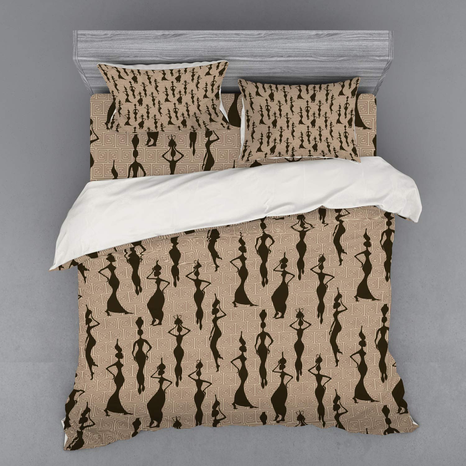 Ambesonne African Duvet Cover Set - 4 Piece King Size Bedding with Shams & Fitted Sheet, Beige Tan Dark Brown, Woman of Color Carrying Water Vases Oriental Silhouette Pattern | Perfect for Ethnic Home Decor, Bohemian Bedroom & Cultural Theme Interiors