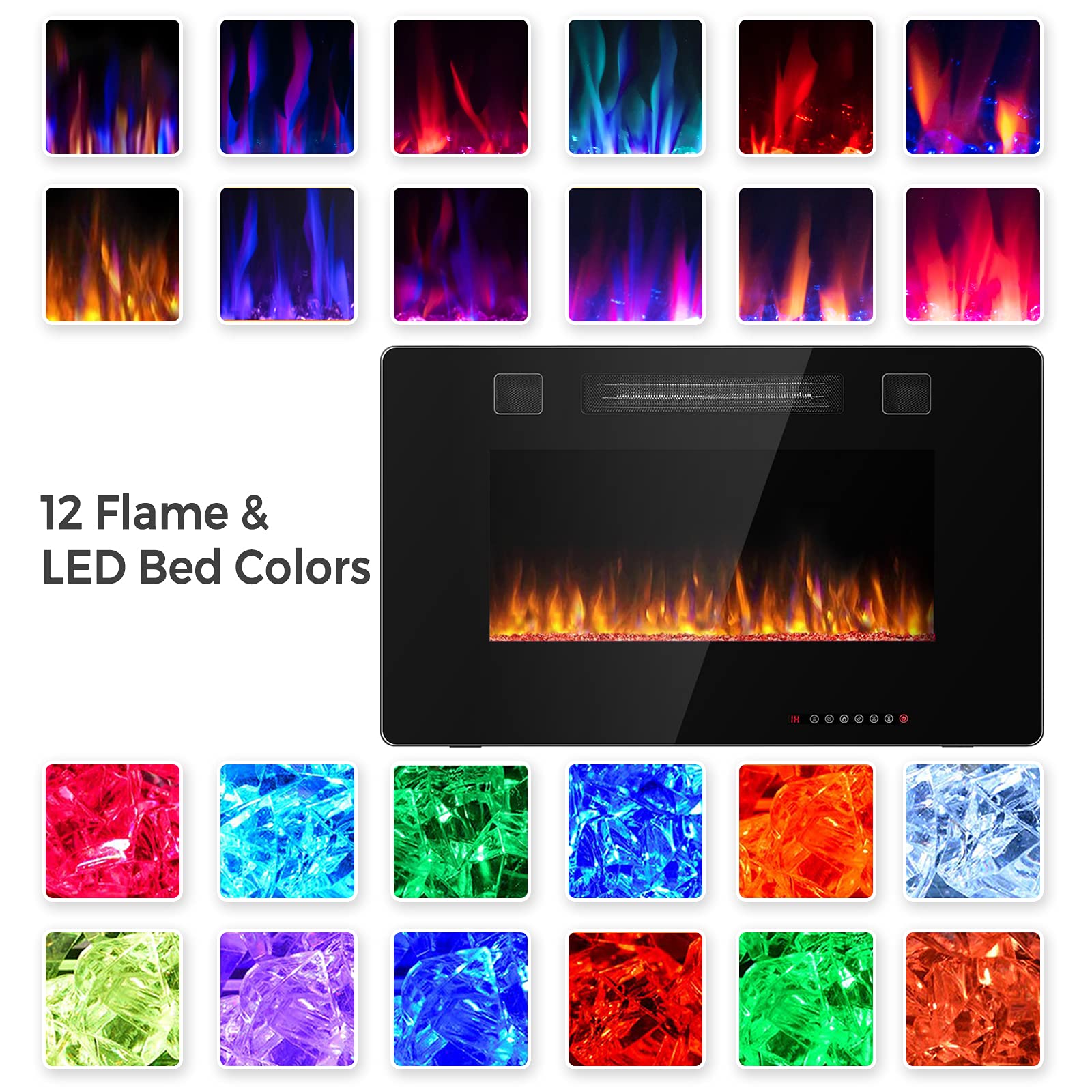 COSTWAY 30-Inch Electric Fireplace Insert with Remote - 750W/1500W Wall Recessed or Mounted Heater - 12 Flame Colors & 5 Brightness Settings - 8H Timer - Indoor Use for Living Room, Bedroom, Office