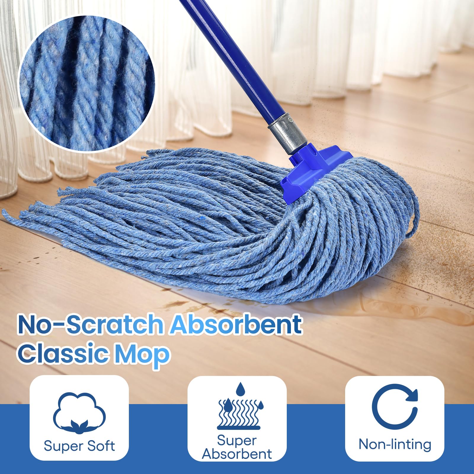 Heavy Duty Cotton Wet Mop Heads (3-Pack) with Microfiber Cloths - for Home & Commercial Cleaning