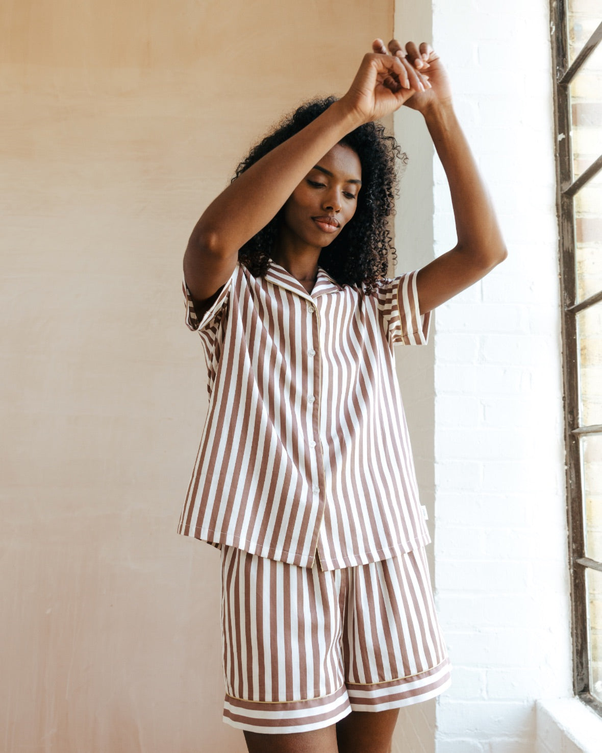 Organic Cotton Sateen Stripe Short Pajama Set for Women - Soft & Breathable Sleepwear - Brown - Perfect for Summer Nights & Lounge Wear