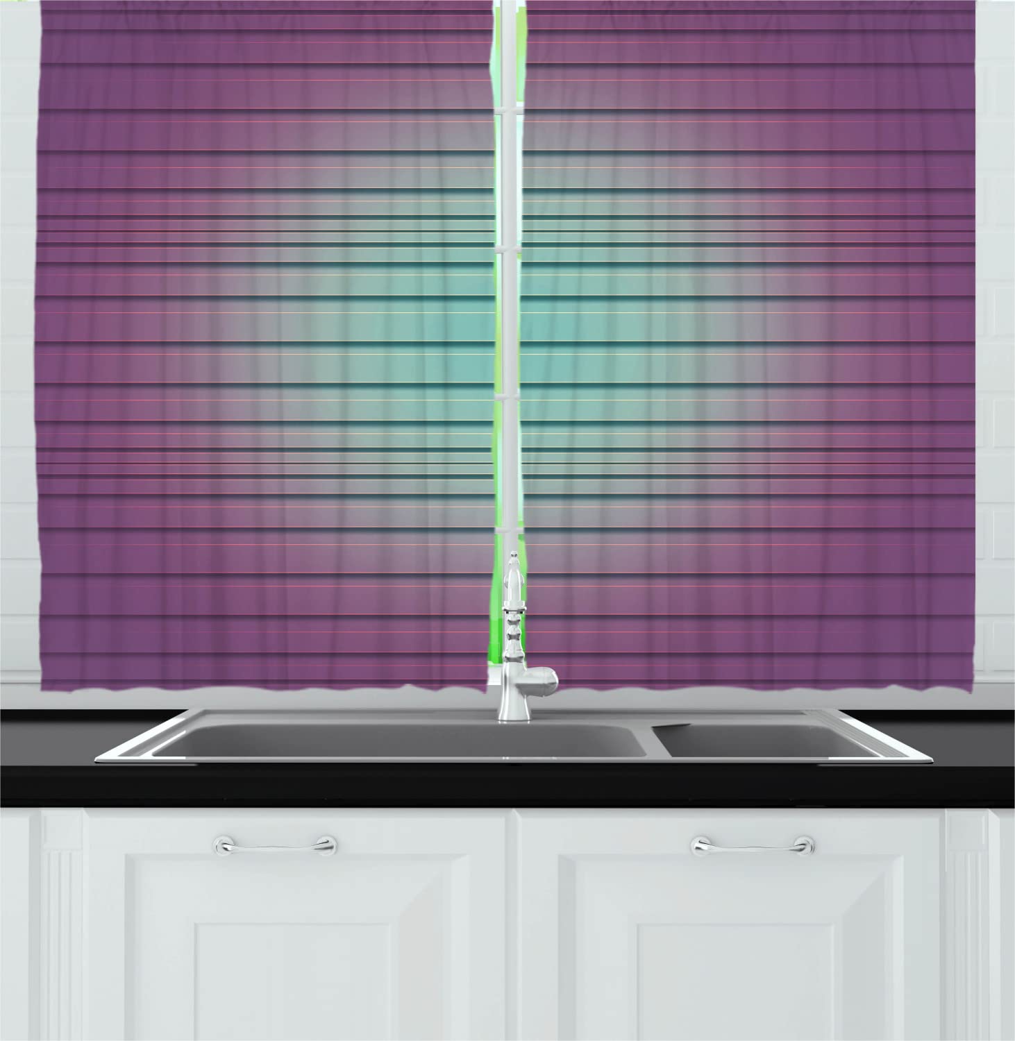Ambesonne Modern Long Kitchen Curtains - Vivid Digital Striped Textured Contemporary Pattern, 2 Panels with Rod Pocket, 55
