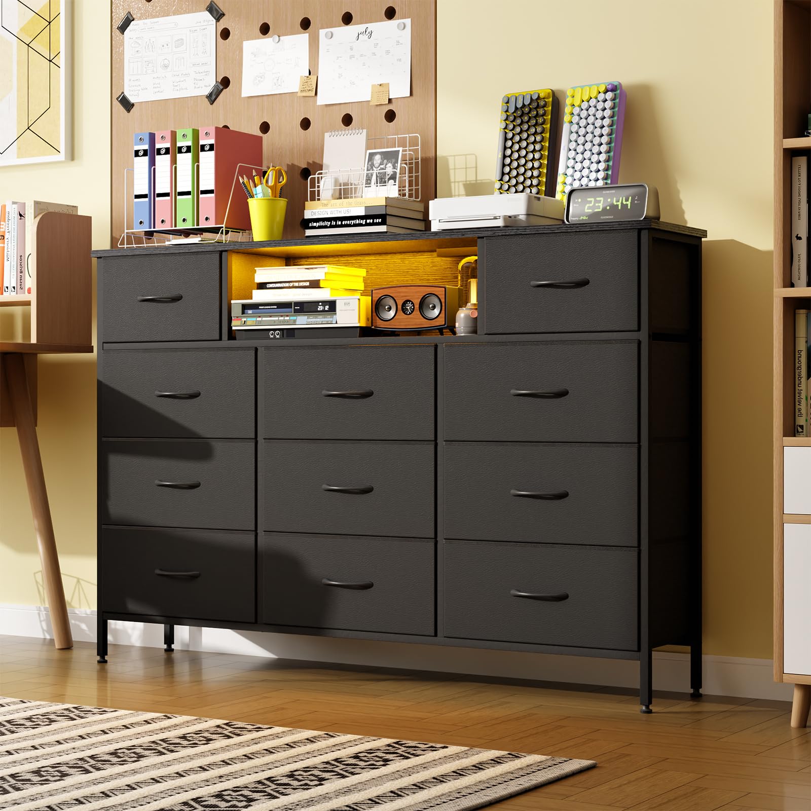 Fixwal 11-Drawer Long Dresser for Bedroom with USB Charging Station & LED Lights, Black Fabric TV Stand Chest with PU Finish - Perfect for Bedroom Storage, Living Room Entertainment Center & Entryway Organization