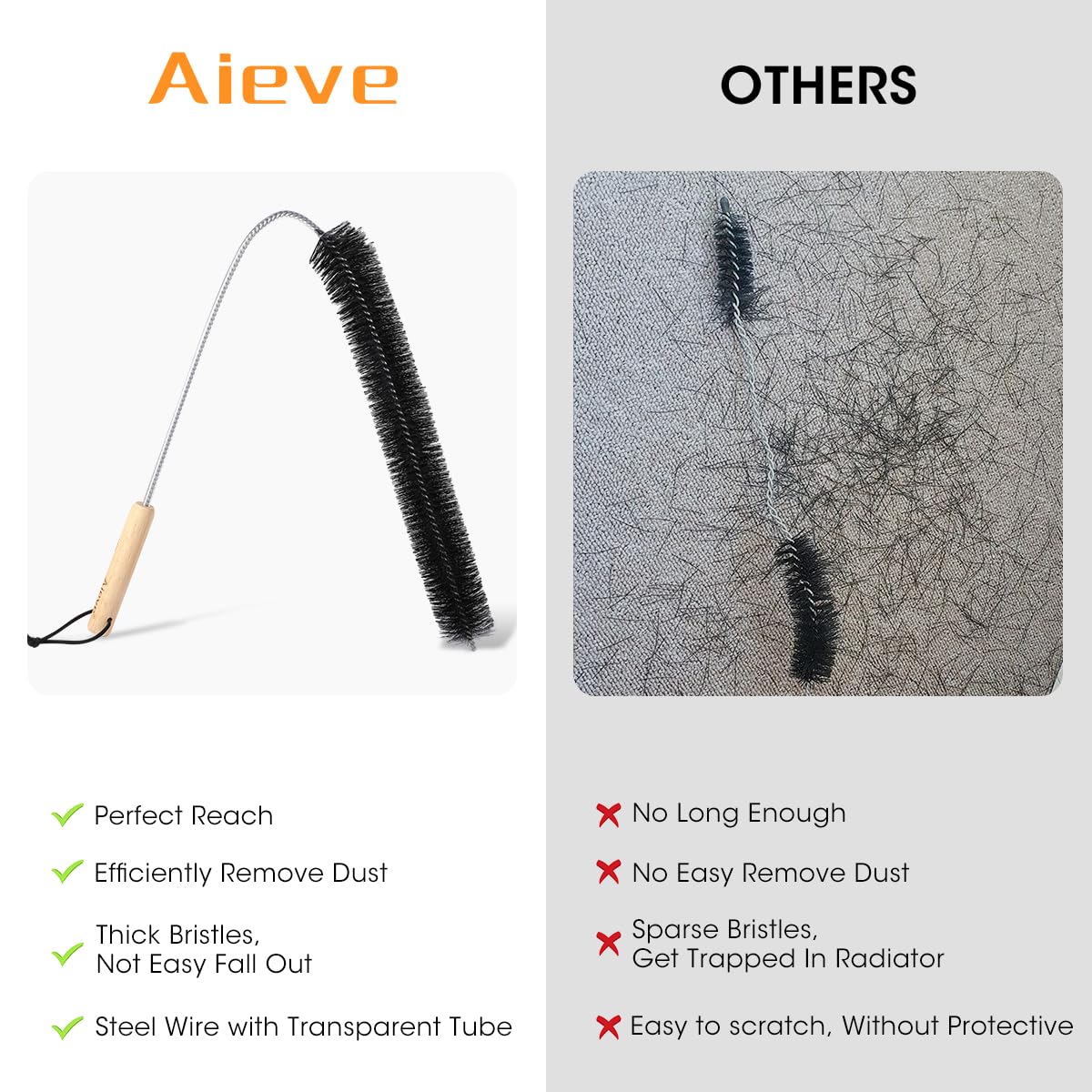 Aieve 80CM Flexible Radiator Cleaning Brush with Wood Handle - Long Duster for Heater, Dryer Lint, Washing Machine & Hard-to-Reach Areas - Perfect for Home Cleaning and Appliance Maintenance