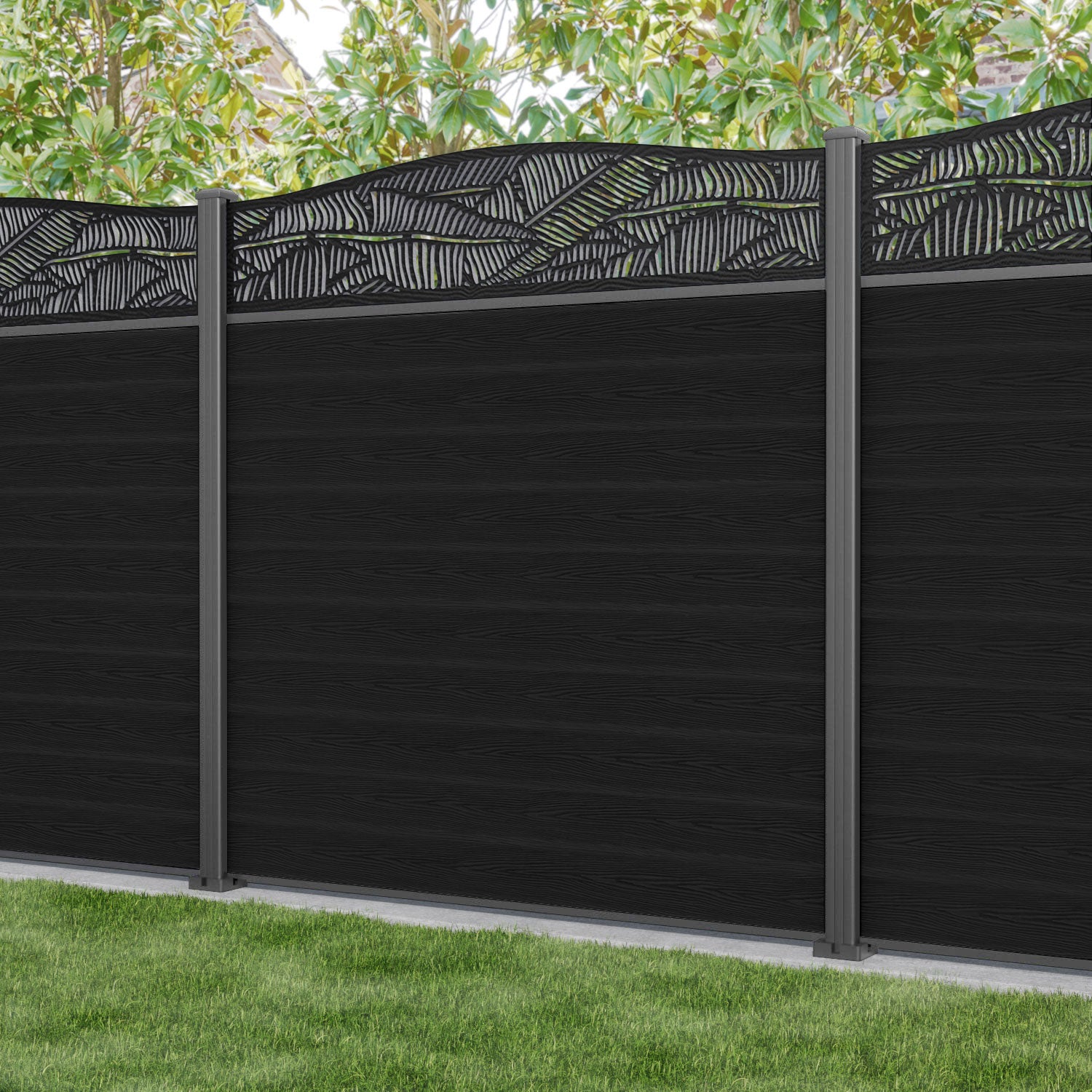 Classic Black Feather Curved Top Fence Panel with Aluminum Posts - Perfect for Garden, Patio, and Backyard Decoration