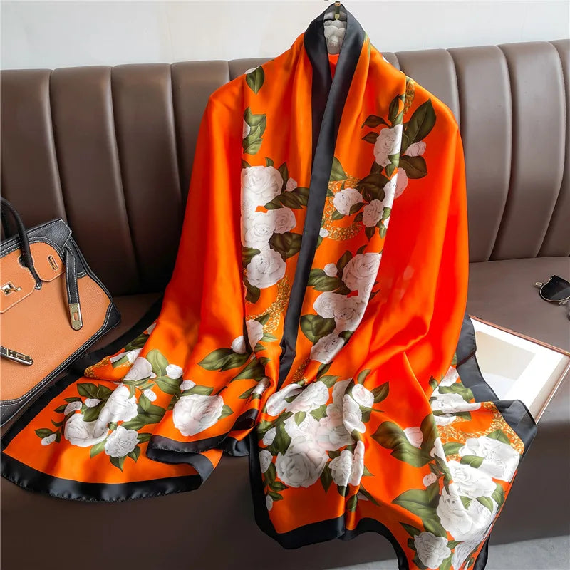 180x90cm Luxury Silk Scarf for Women - Floral Printed Large Shawl, Sun Protection Wrap, Soft Bandana, Hijab & Muffler - Perfect for Beach, Travel, and Formal Occasions