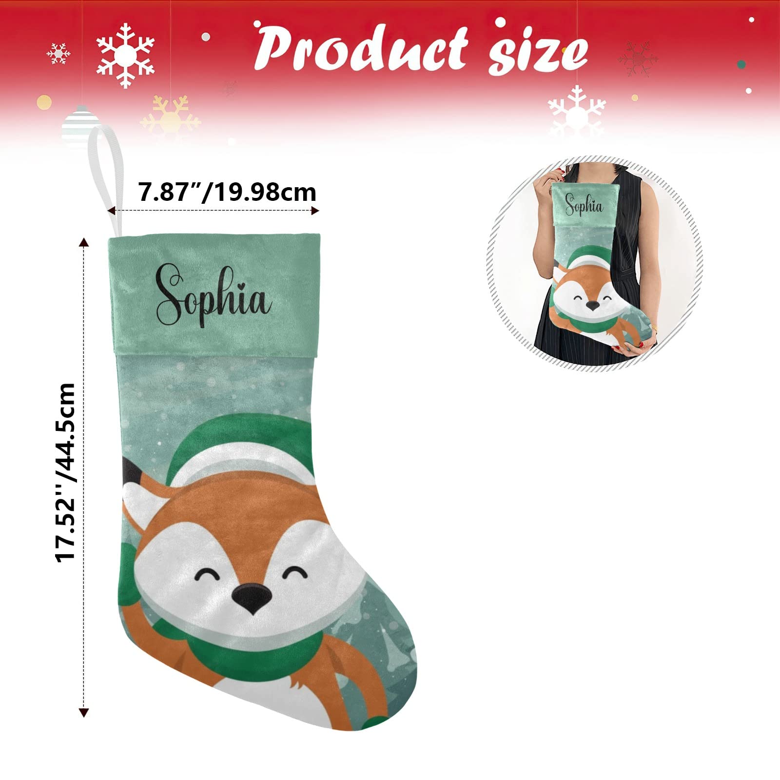 Personalized Christmas Stockings with Name - Custom Fox Design Holiday Decor for Family, Xmas Gift 17.52 x 7.87 Inch - Perfect for Fireplace Mantel, Christmas Tree Decorations & Cozy Home Holiday Styling
