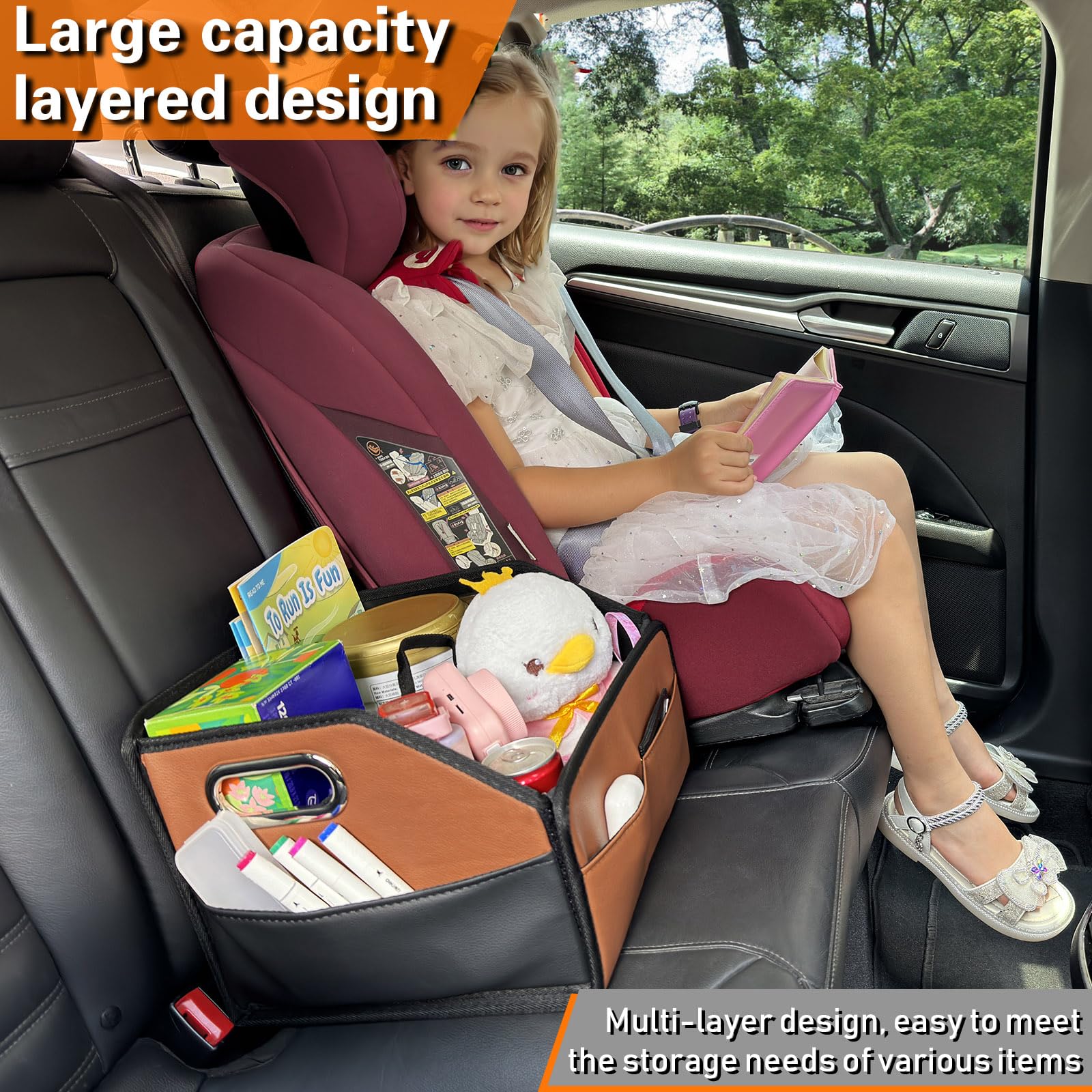 Premium Leather Car Seat Organizer with 6 Storage Pockets & 3 Handles - Universal Fit for Front/Back Seats (Brown/Black) - Perfect for Road Trips, Baby Essentials & Car Organization Accessories