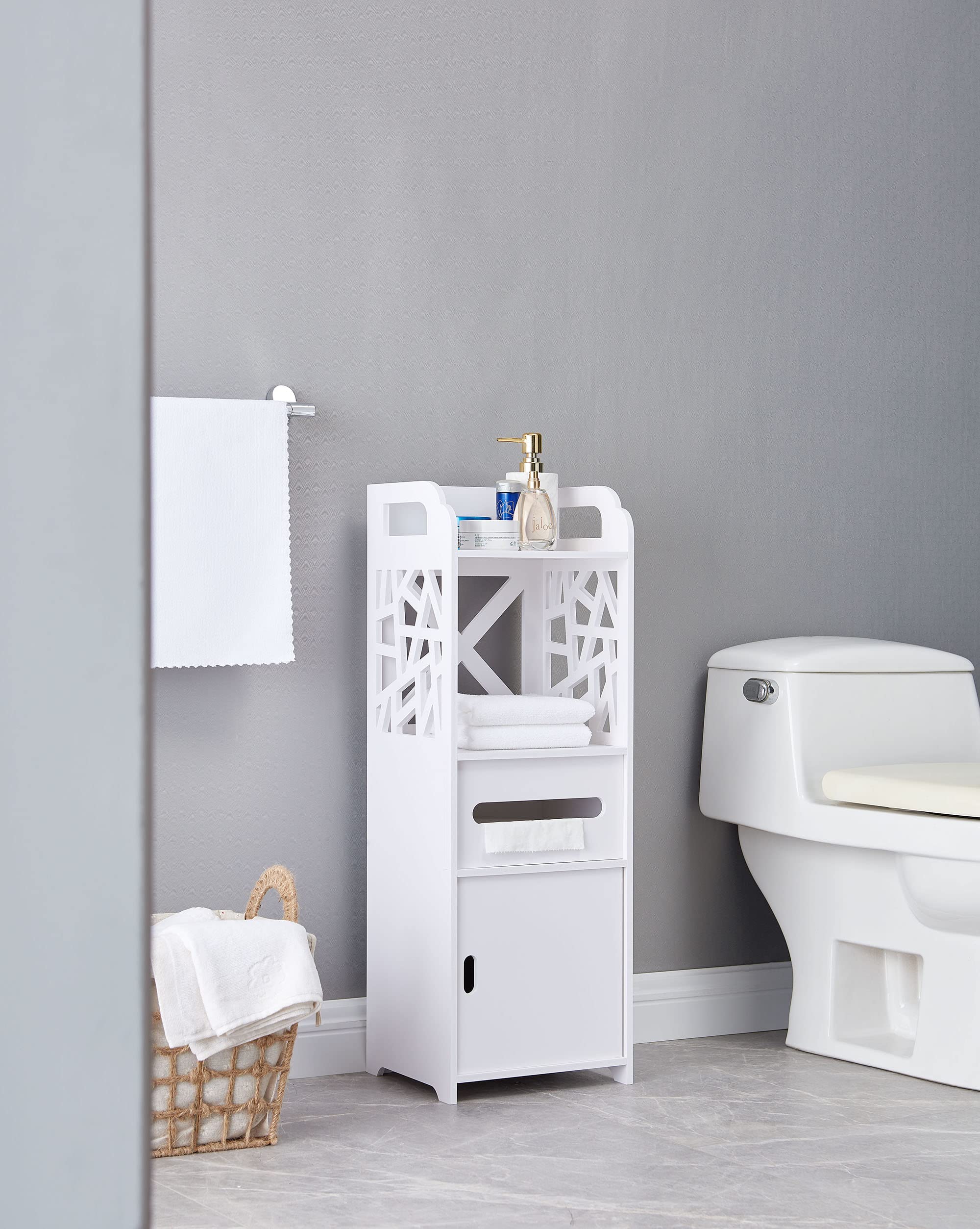 Kings Brand Larie Wood Bathroom Storage Cabinet - White Floor Standing Organizer for Towels, Toiletries & Bath Essentials | Perfect for Small Bathrooms & Vanity Storage