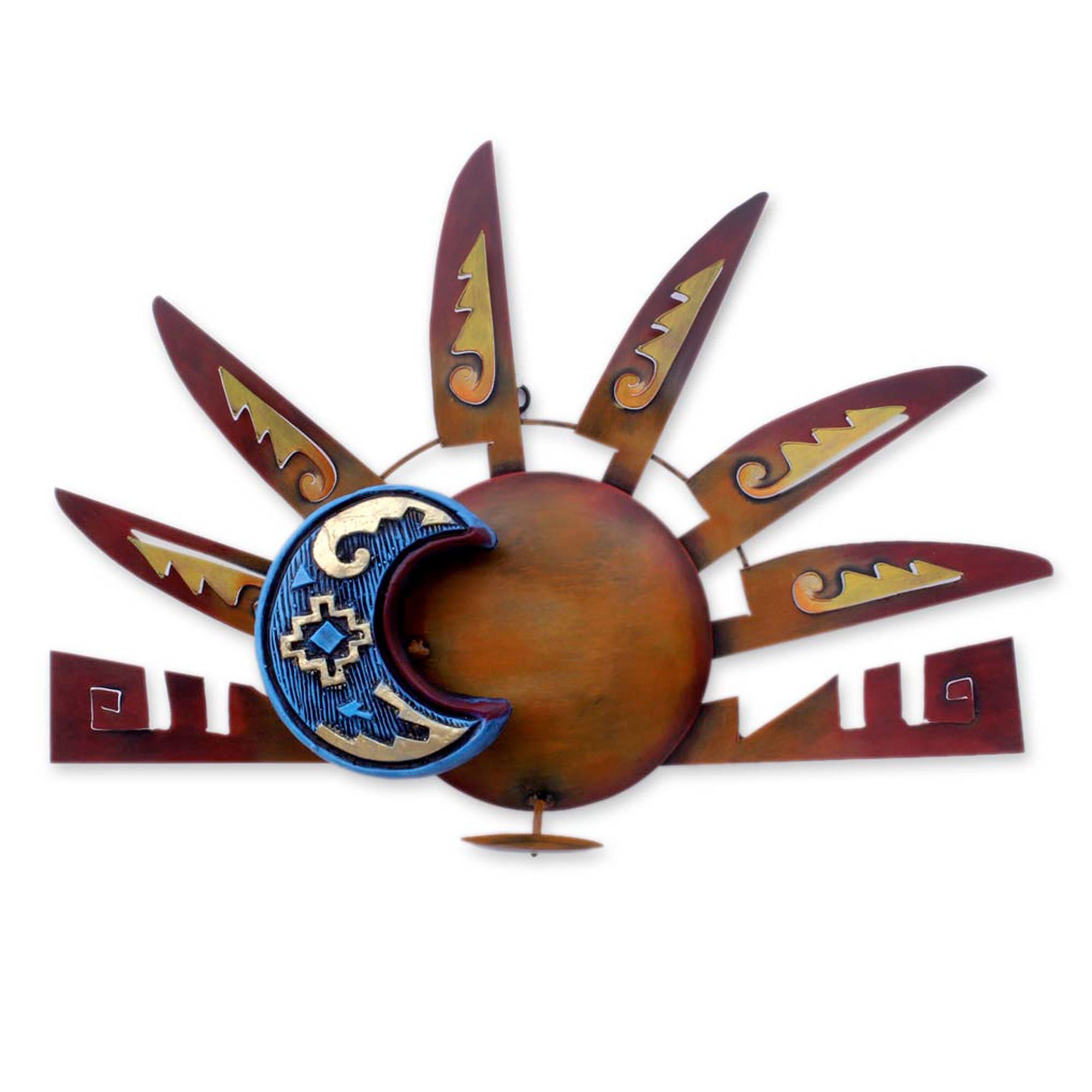 NOVICA Aztec Eclipse Sun and Moon Metal Iron Wall Candle Holder - Brown Handcrafted Home Decor for Living Room, Bedroom, or Outdoor Patio Lighting