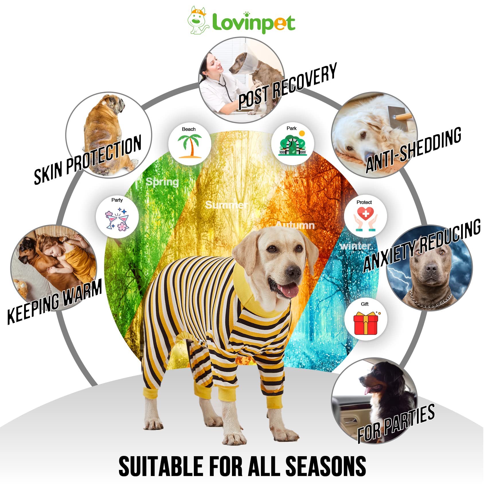 LovinPet Big Dog Pajamas - Soft Cotton Black & Yellow Striped Dog Shirt | Full Coverage Onesie for Large Breed Dogs | Cozy Pet PJs for Medium to Large Dogs | Perfect for Winter Nights & Indoor Lounging