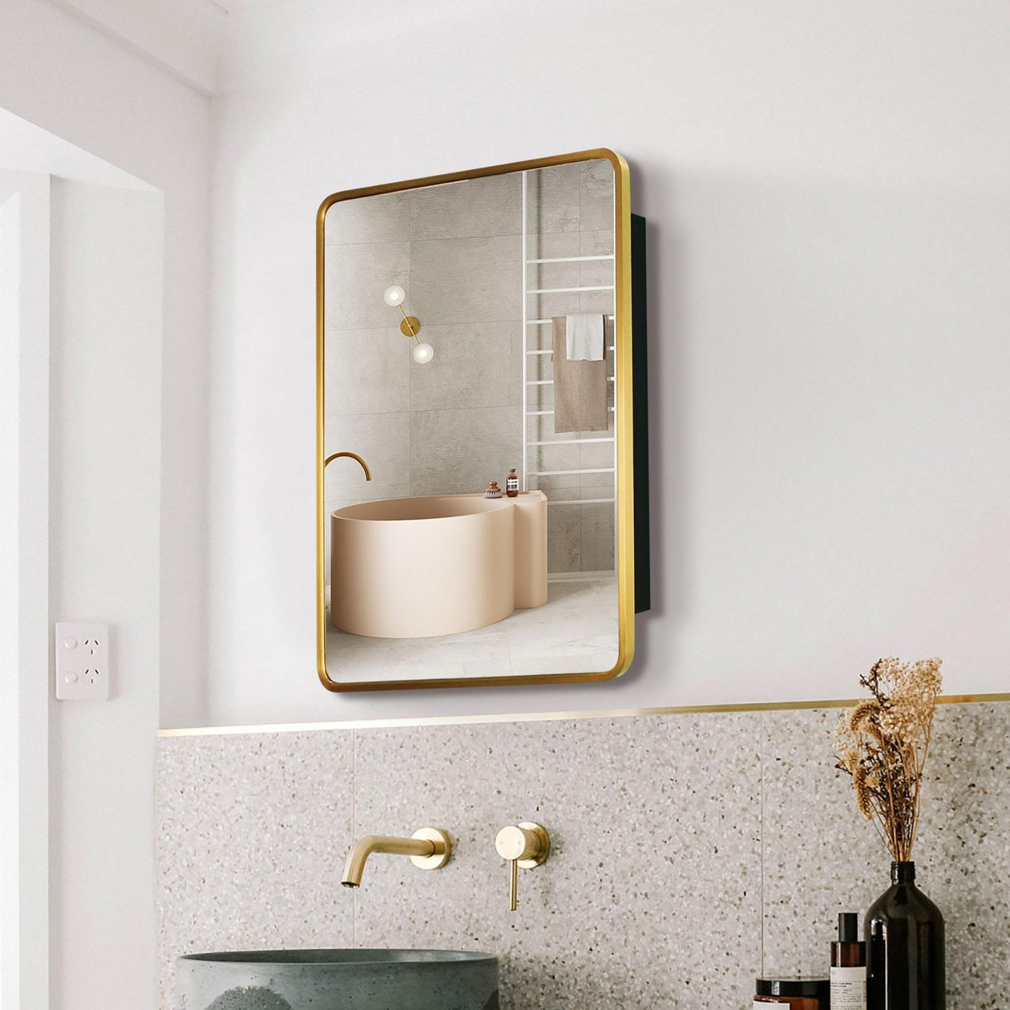Gold Metal Framed Bathroom Medicine Cabinet with Mirror - Wall Mount or Recessed Installation for Modern Bathrooms, Powder Rooms & Vanity Areas