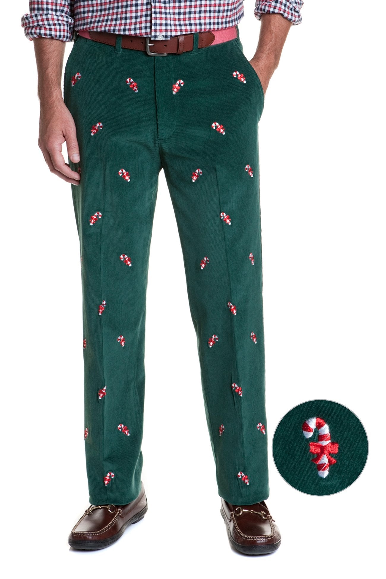 Beachcomber Corduroy Pants for Men - Hunter Green & Candy Cane Striped Casual Trousers | Perfect for Outdoor Adventures, Fall Fashion, and Holiday Parties