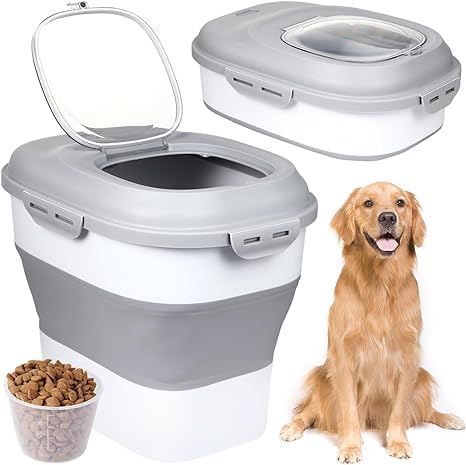 Olpad 30Lb Foldable Pet Food Storage Container - Airtight Plastic Bin with Measuring Cup, Sealed Lid & Wheels for Dog, Cat & Fish Food | Perfect for Kitchen, Pantry & Bulk Rice Storage