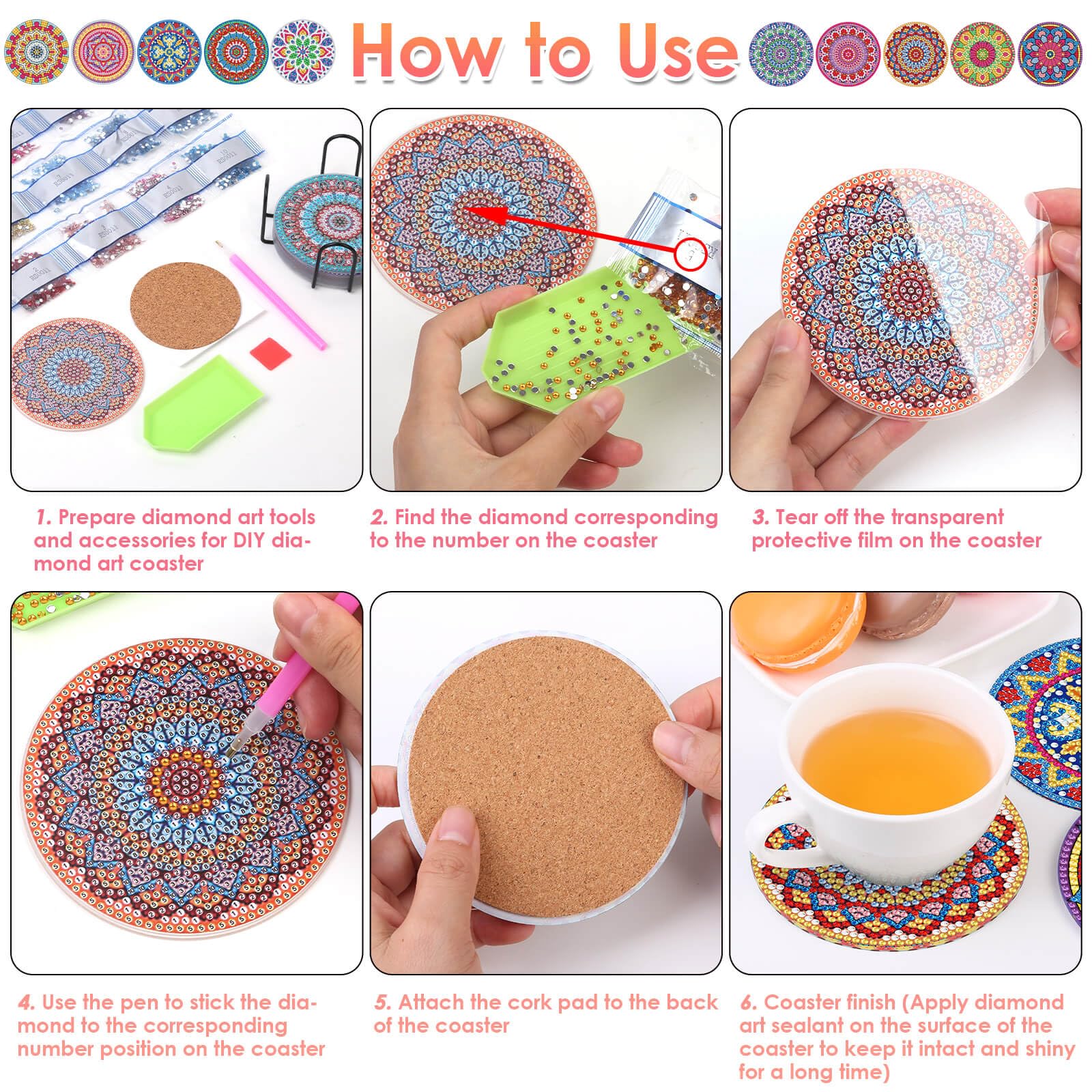 Diamond Painting Coaster Kits - 10-Piece Mandala DIY Art Coasters with Holder Set for Adults | Perfect for Home Decor, Gift Giving & Relaxing Crafts