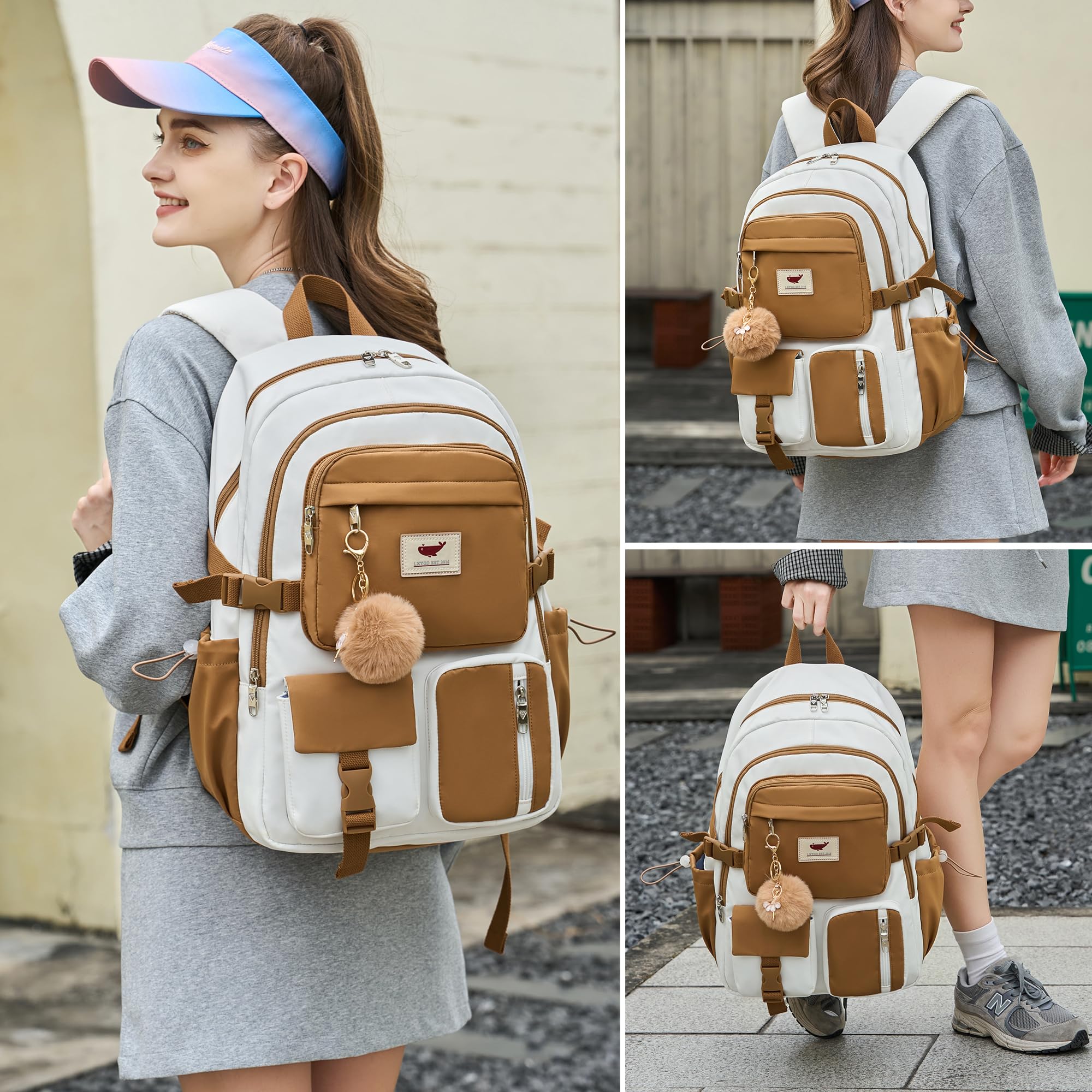 15.6 Inch Anti-Theft Laptop Backpack for Women & Teens - Lightweight School Backpack for College, High School, Middle School - Large Travel Book Bag with USB Charging Port - Perfect for Commuting, Study, Work & Daily Use (Beige Khaki)