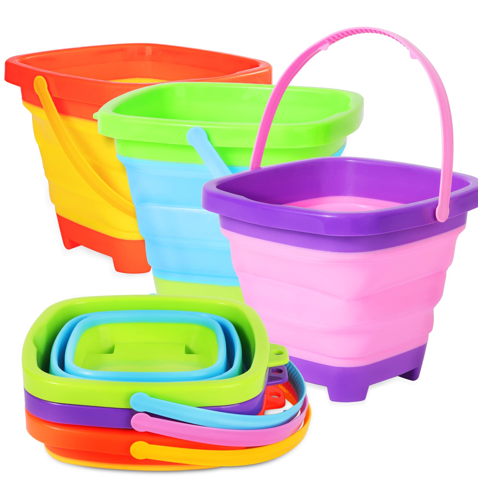 3 Pack Collapsible Silicone Sand Buckets for Kids - Foldable Beach Pail Toys for Sandcastle Building, Beach Trips & Summer Outdoor Play - Durable Kids Beach Toys for Seaside Fun