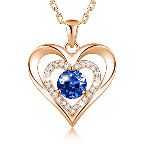 925 Sterling Silver Heart Pendant Necklace with 5A Zirconia Birthstone - 18K Rose Gold Plated Valentine's Day, Mother's Day & Birthday Gift for Women, Wife, Girlfriend - 17.7