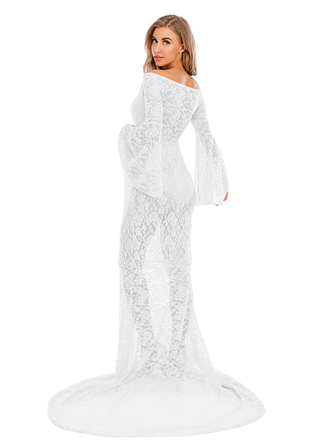 ZIUMUDY Flared Sleeve Lace Maternity Maxi Dress - Off Shoulder See-Through Sexy Pregnancy Gown for Photoshoot, Baby Shower & Special Occasions
