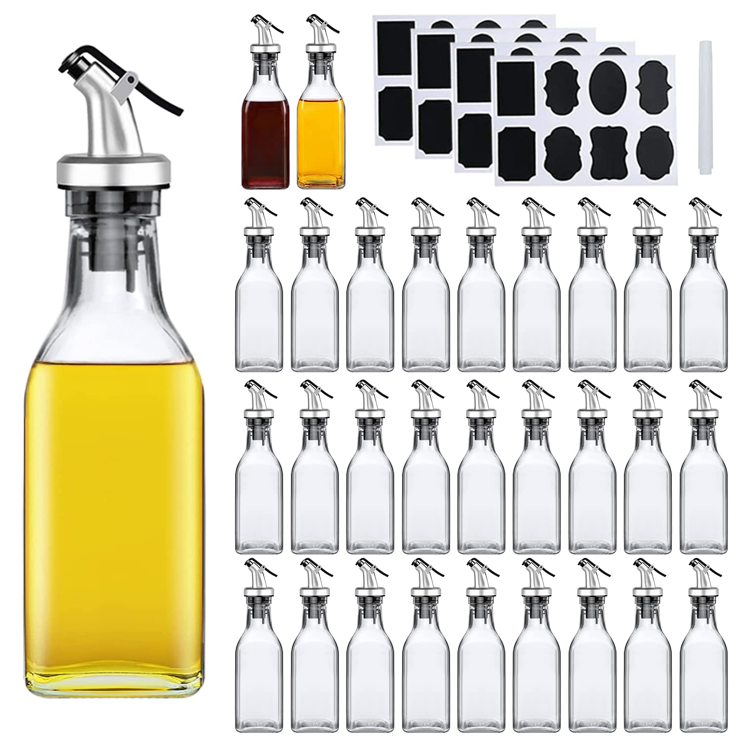 Premium 6oz Leakproof Oil Dispenser Set - 30 Pack Glass Bottles for Olive Oil, Vinegar & Liquids with Bonus Stickers & Marker - Perfect for Kitchen, Restaurants & Gift Packaging
