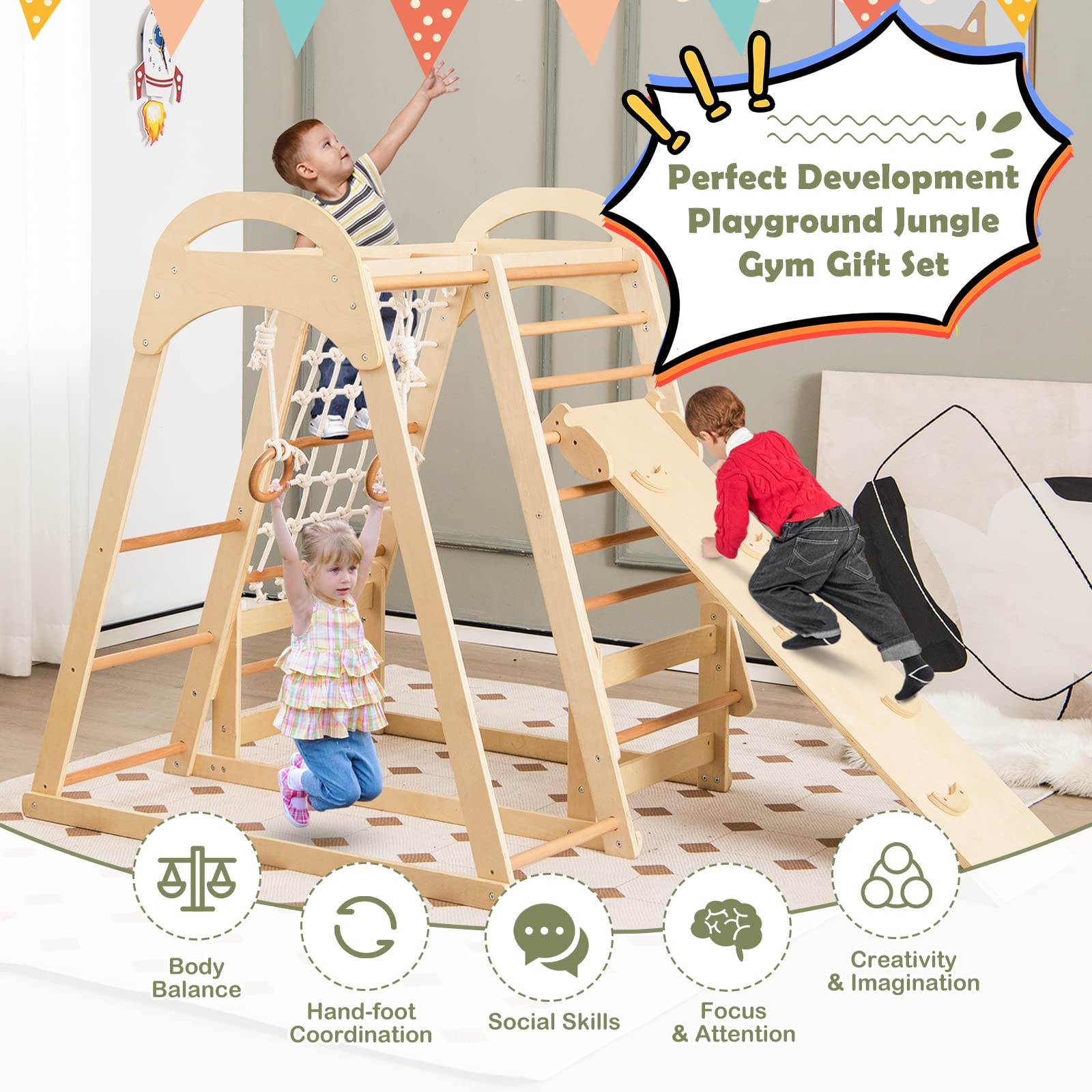 Costzon 7-in-1 Indoor Jungle Gym for Toddlers - Montessori Climbing Toys with Slide, Climbing Net & Gymnastic Rings - Wooden Playground Climber Playset for Kids Ages 3+ | Perfect for Indoor Playrooms, Daycares & Birthday Gifts