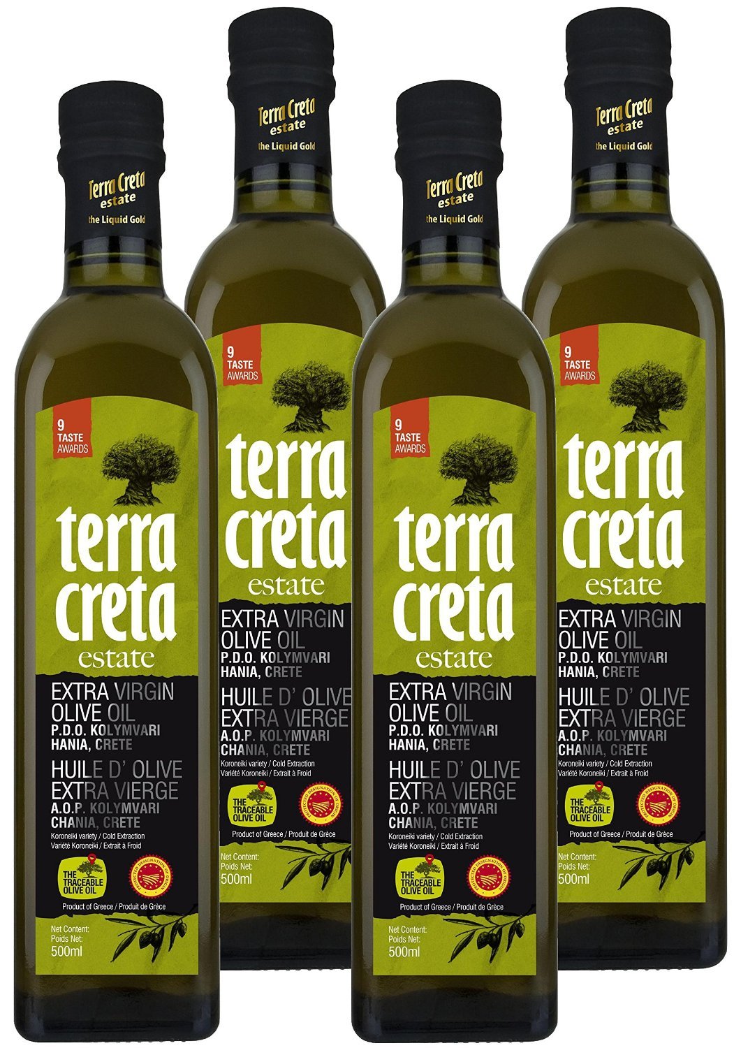 Premium Extra Virgin Olive Oil from Crete, Greece - Terra Creta PDO Kolymvari - 9 International Taste Awards Winner - 500ml (4-Pack) - Perfect for Salads, Cooking & Gourmet Gifts