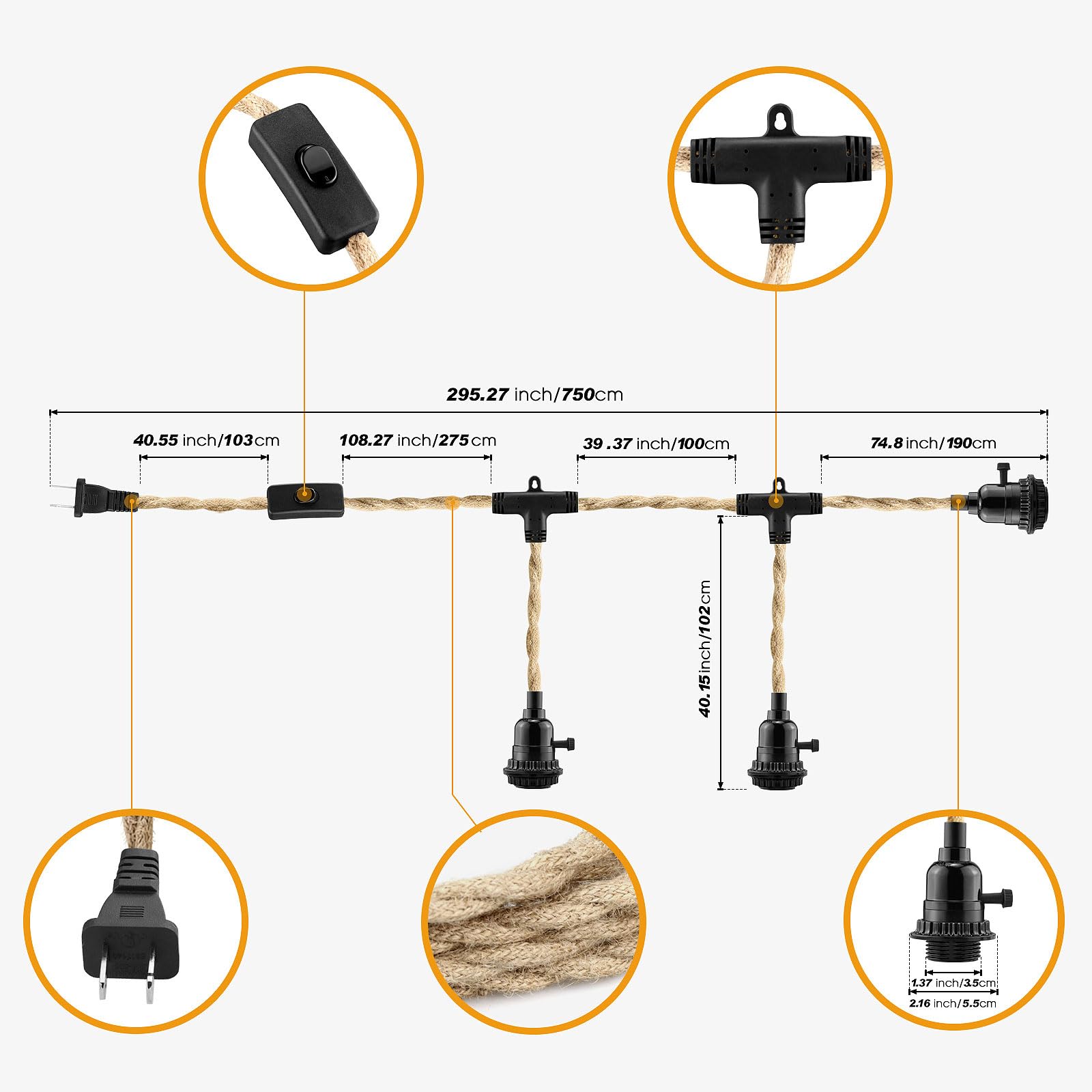 3 Light Plug-in Pendant Light Cord - 25FT Hanging Lights with Plug-in Cord & 2-Way Switch - Hemp Rope Farmhouse Pendant Light Kit for DIY Home Decor - Perfect for Kitchen Islands, Dining Rooms, and Bedroom Lighting