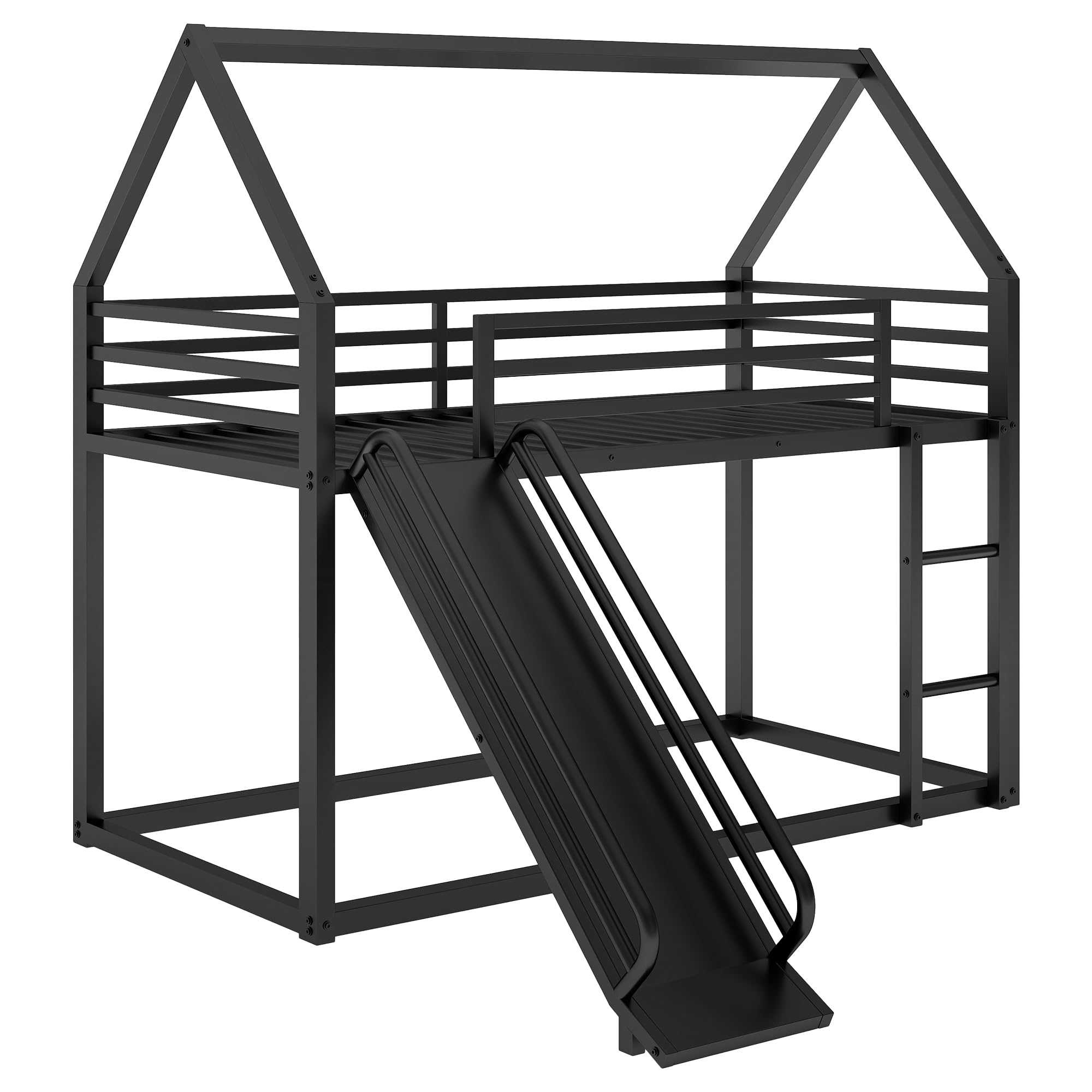 Morhome Twin Over Twin Metal Junior Low Bunk Bed with Slide & Ladder - Montessori Floor Bunk Bed Frame with Full-Length Guardrail, Noise-Free Design - Perfect for Kids' Bedroom, Playroom or Small Space