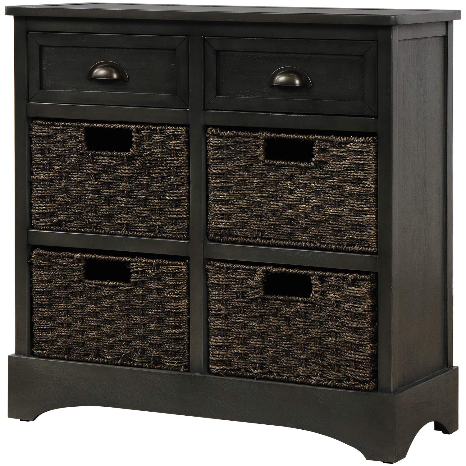 Rustic Gray Storage Cabinet with 2 Drawers & 4 Fabric Baskets - Kitchen Organizer, Entryway Furniture, Living Room Accent Piece for Home Decor