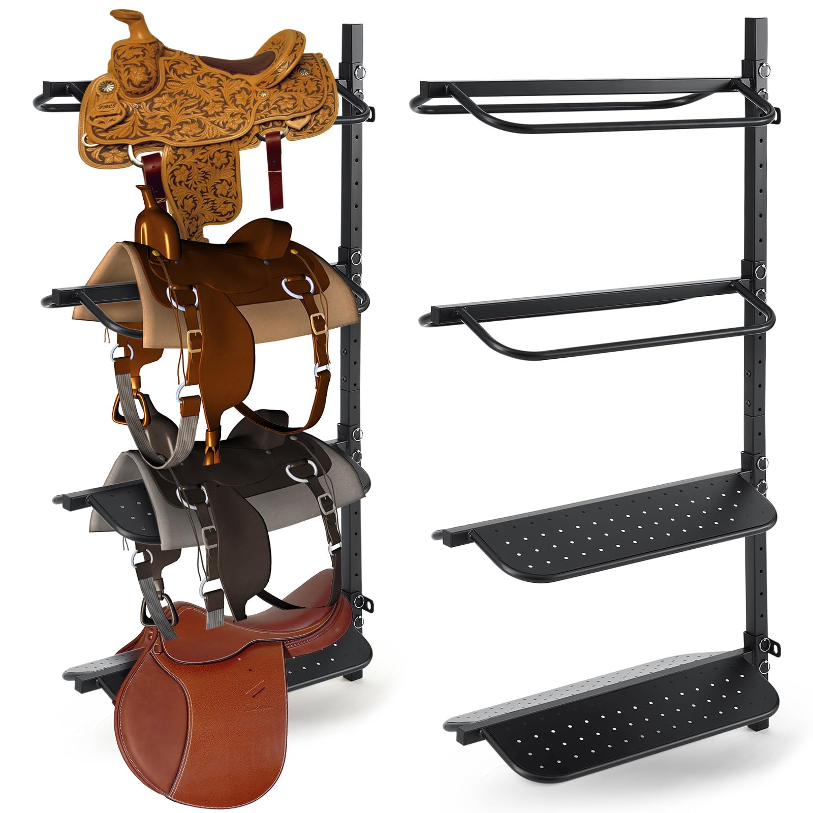 2 Pack Heavy Duty 4 Tier Wall Mount Saddle Rack Stand - 300LB Capacity (75 lbs/Layer) for Western & English Saddles - Alloy Steel Horse Tack Organizer for Bridles, Pads & Accessories - Perfect for Barns, Stables & Equestrian Storage