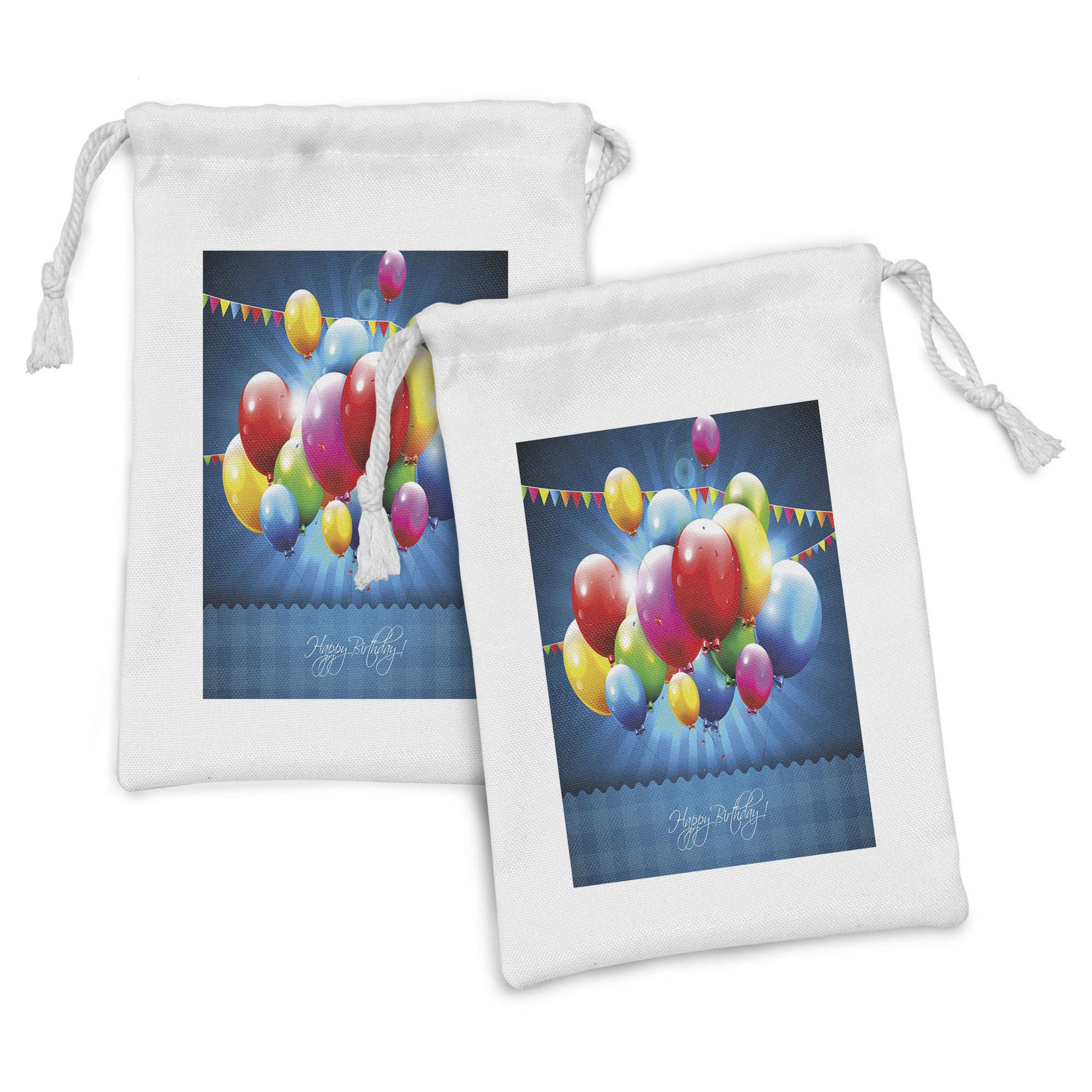 Ambesonne 2-Pack Birthday Fabric Pouch Set - Vibrant Balloons & Party Flags on Blue Backdrop - 9