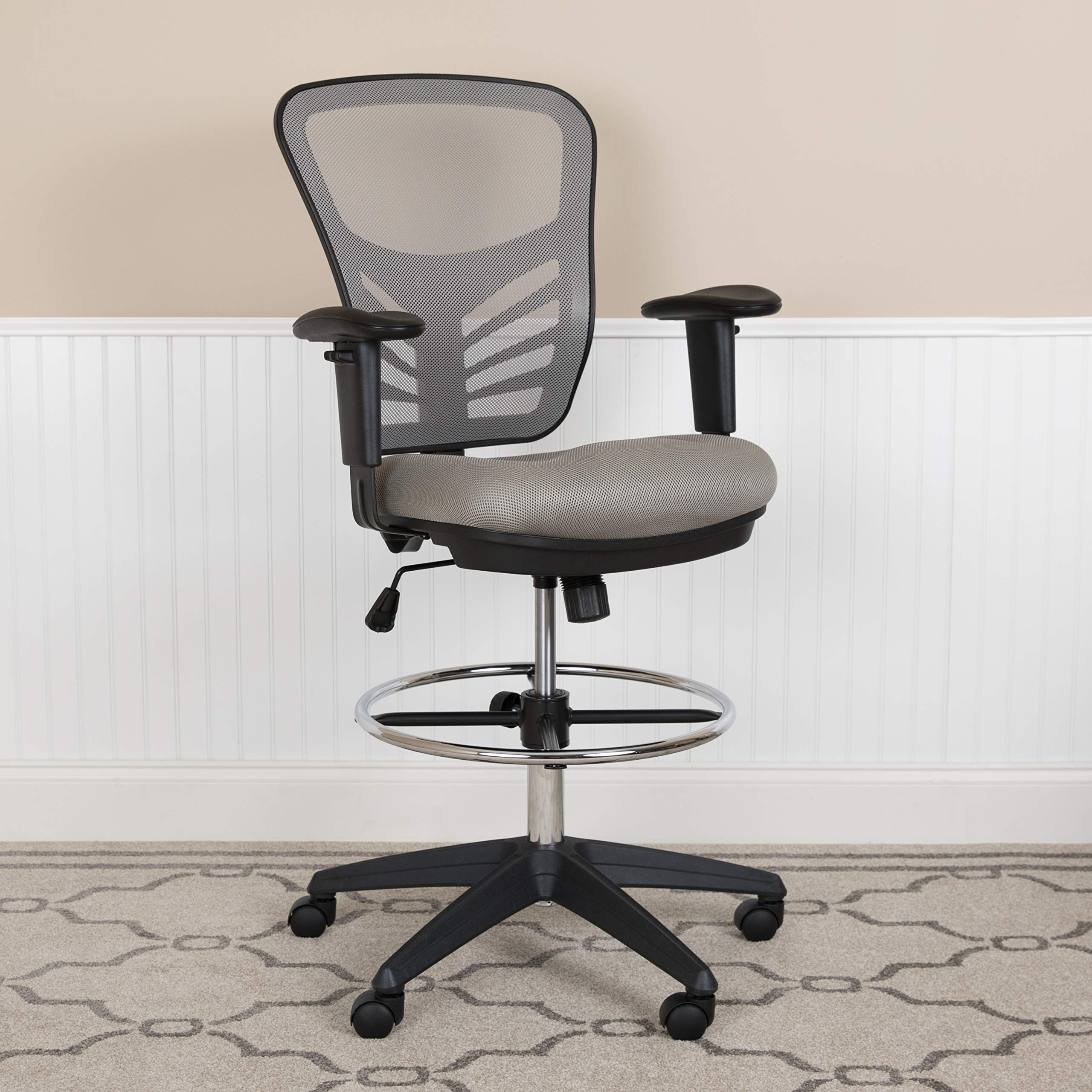 Flash Furniture Tyler Mid-Back Ergonomic Mesh Drafting Chair - Adjustable Arms, Chrome Foot Ring & Black Frame - Perfect for Office, Home Studio & Architectural Workstations