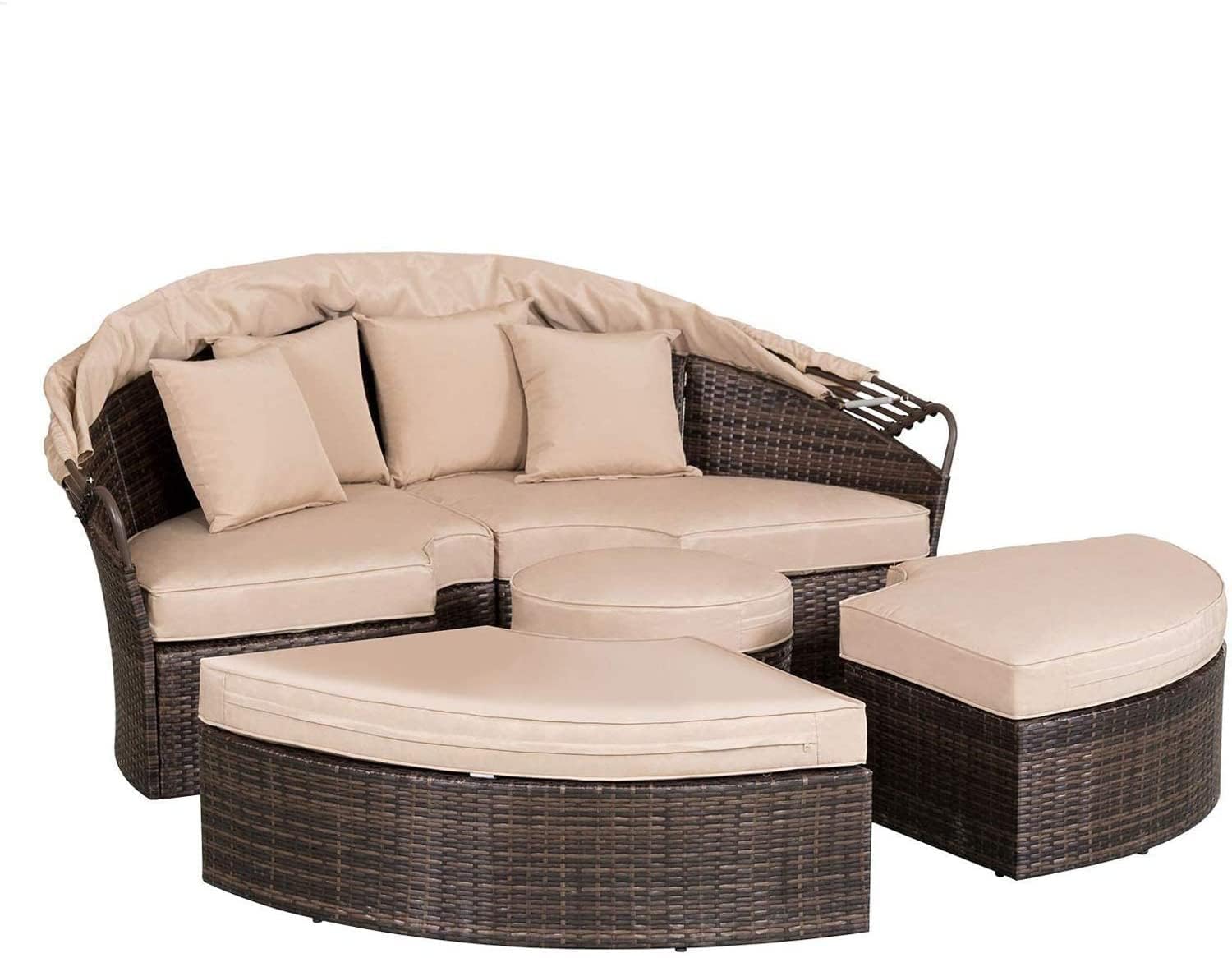 Outdoor Round Daybed Sofa Set with Retractable Canopy - 4-Piece Brown Wicker Patio Furniture with Cushioned Sectional & Round Center Table - Perfect for Poolside, Garden, Lawn, and Backyard Relaxation
