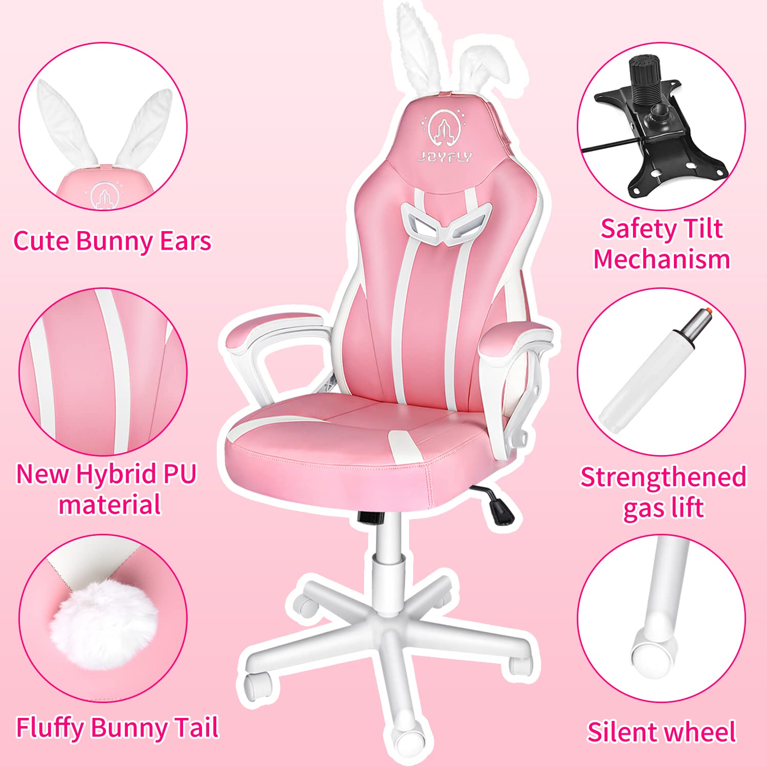 JOYFLY Pink Bunny Ears Gaming Chair - Ergonomic Computer Chair for Kids, Girls & Adults - Cute Kawaii Office & Video Game Chair for Girlfriend, Sister or Wife - Perfect for Gaming Setups, Home Office & Streaming (Pink)