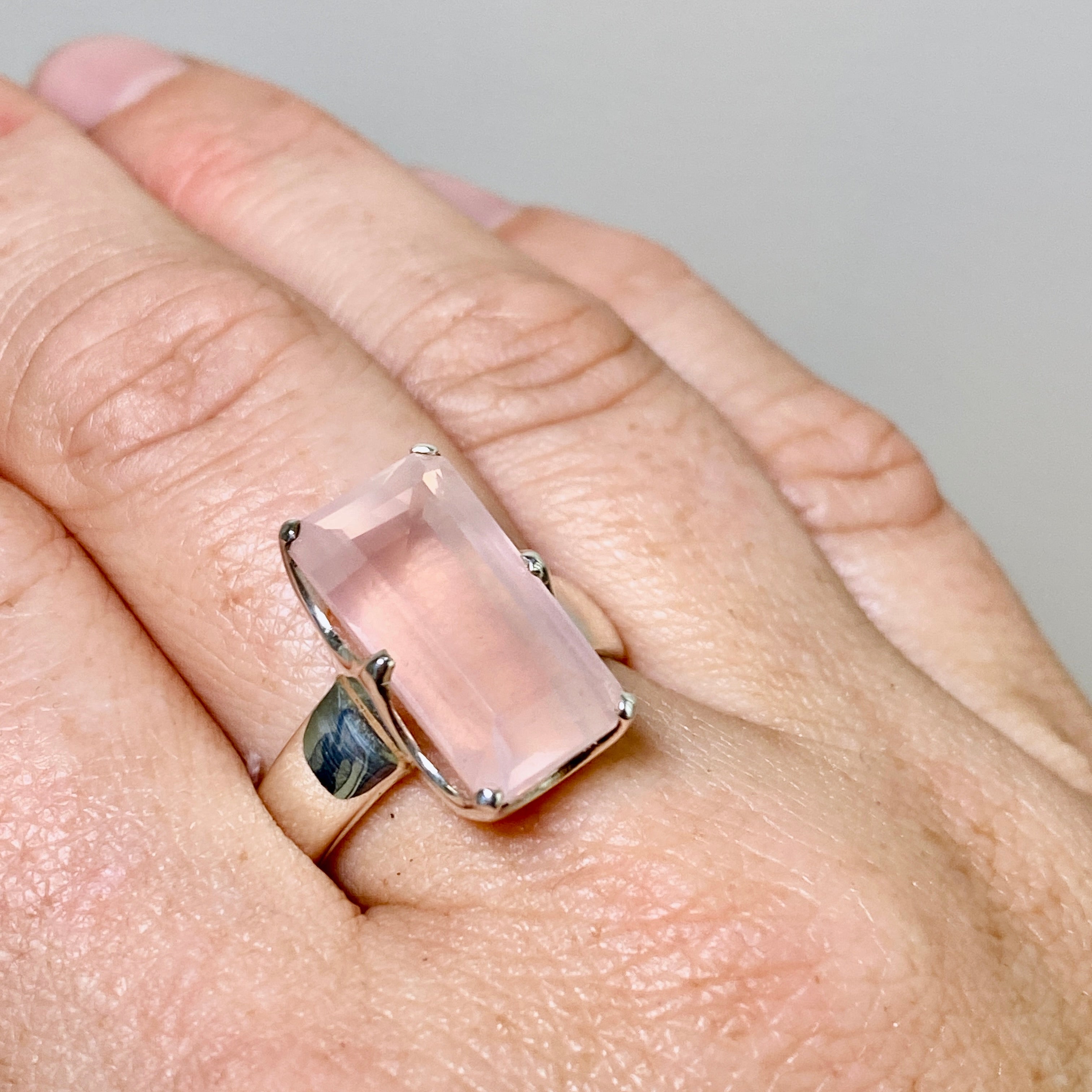 Rose Quartz Rectangular Faceted Ring Size 10.5 - PRGJ877 | Elegant Healing Crystal Jewelry for Women, Gift for Her, Wedding, Anniversary & Special Occasions