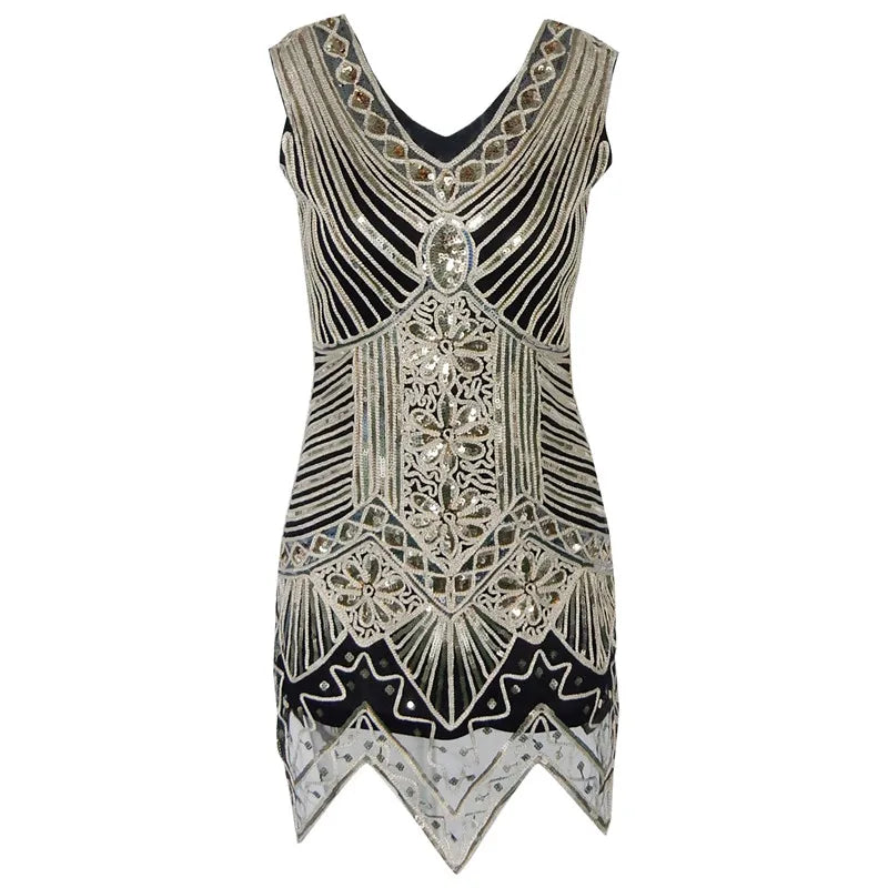 1920s Women's Sequin Flapper Dress - Gold Thread Embroidery & Tassel Details - Sleeveless Vintage Gatsby Party Dress - Perfect for Roaring 20s Themed Events, Costume Parties & Jazz Age Celebrations